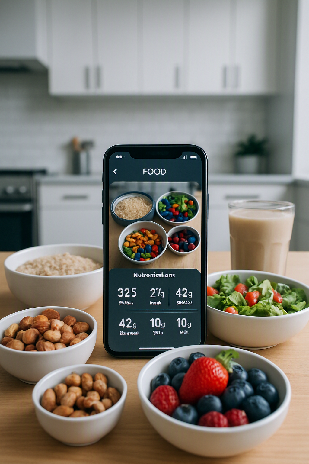 Smartphone showing the SnapEat AI app using AI food recognition to analyze a healthy meal on a plate.