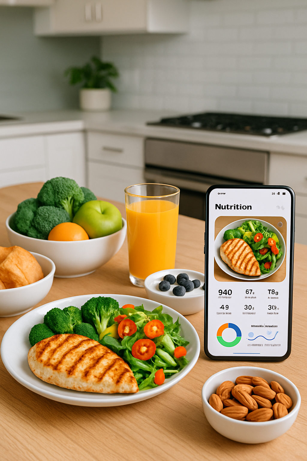 A smartphone displaying the SnapEat AI smart calorie counter interface after analyzing a photo of a healthy meal.