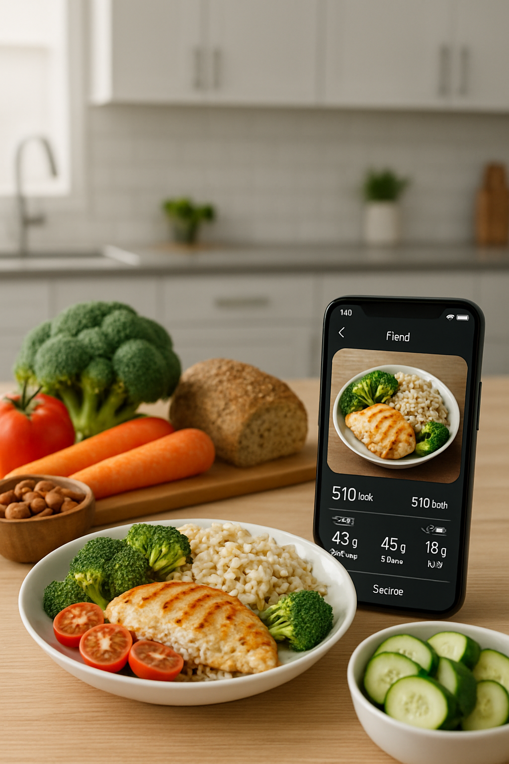 Smartphone displaying the SnapEat AI smart calorie counter app interface after analyzing a photo of a healthy meal.