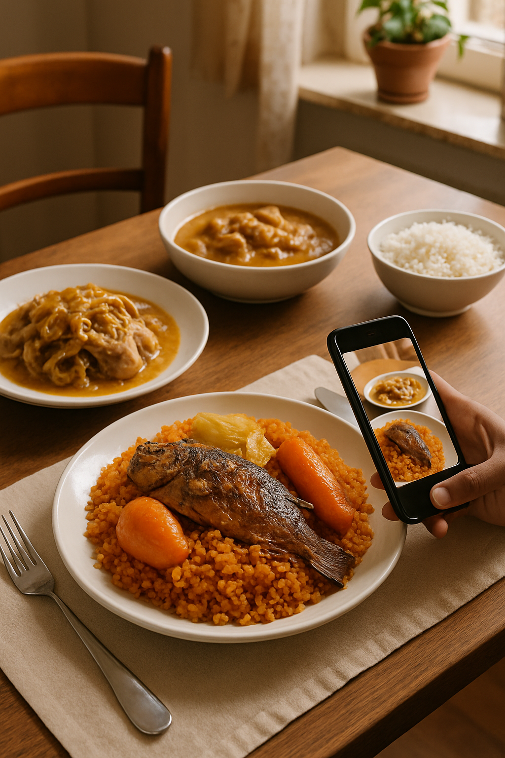 A plate of Senegalese chicken yassa with rice being analyzed by the SnapEat AI meal tracking app on a smartphone.