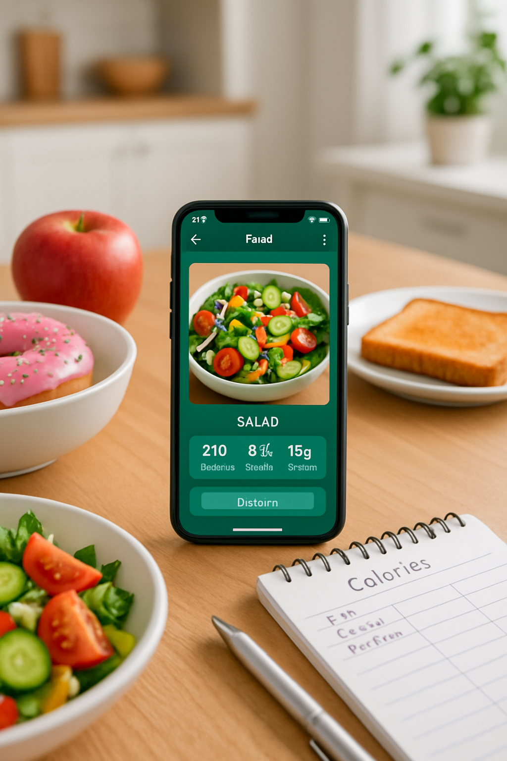 Smartphone showing the SnapEat food recognition AI app being used for an April Fools' prank on a healthy salad.