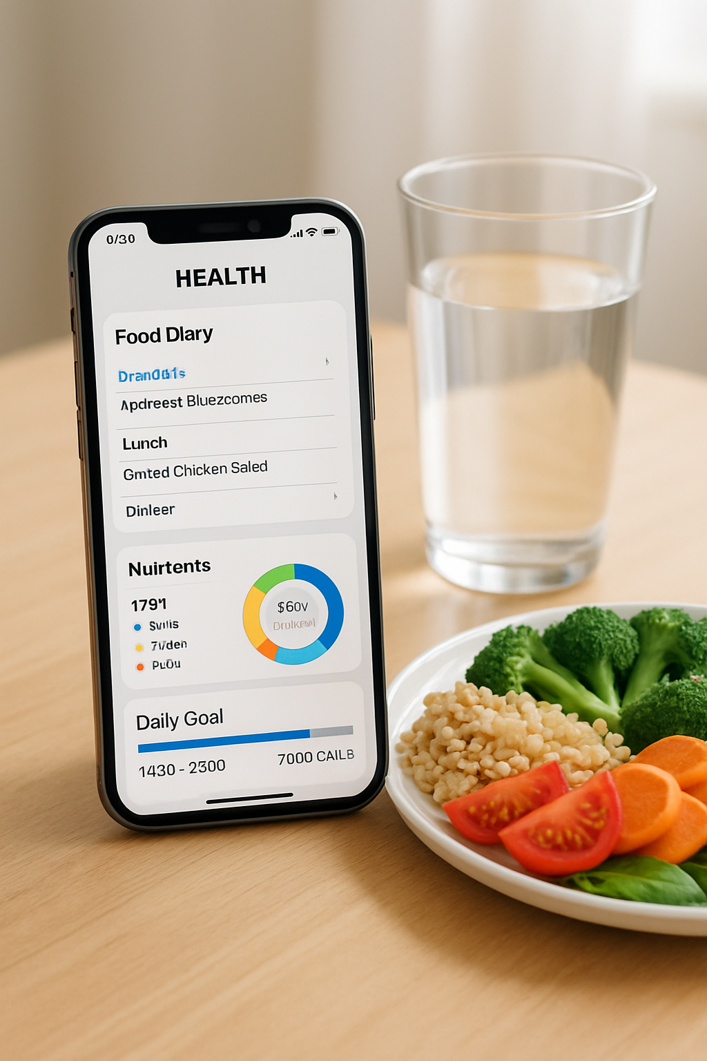 A phone displaying the SnapEat AI app interface, showing a gamified wellness challenge, next to a healthy meal.