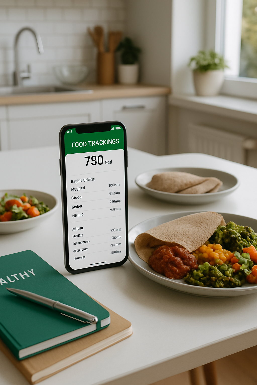 A smartphone displaying the SnapEat AI app interface analyzing a plate of Ethiopian food, symbolizing smart food tracking.