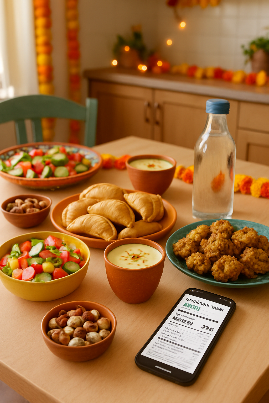 A colorful plate of healthy Holi food like fruit chaat and baked snacks, with a phone showing the SnapEat AI app tracking calories.
