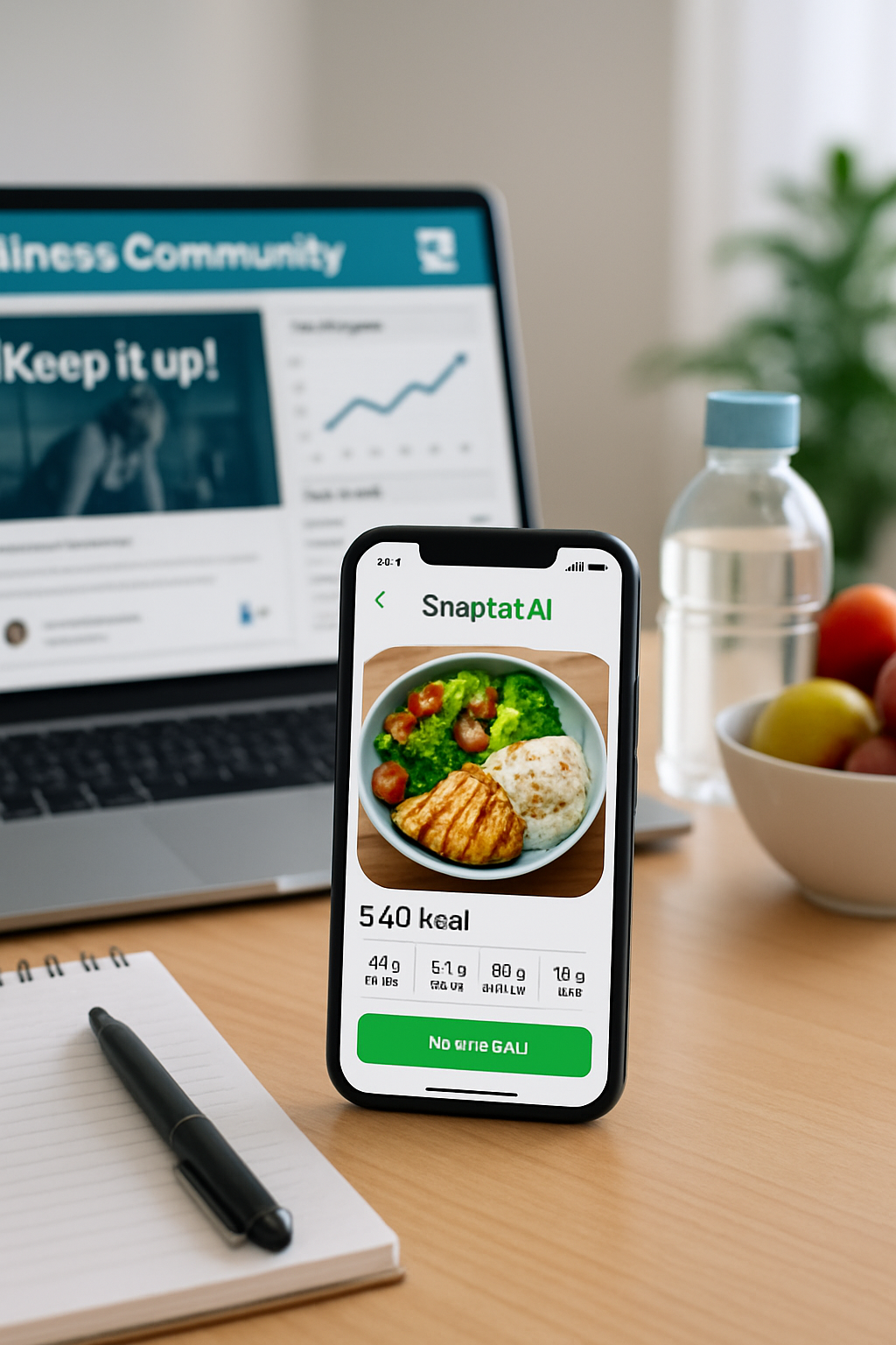 Smartphone displaying the SnapEat AI smart calorie counter app after analyzing a photo of a healthy meal.