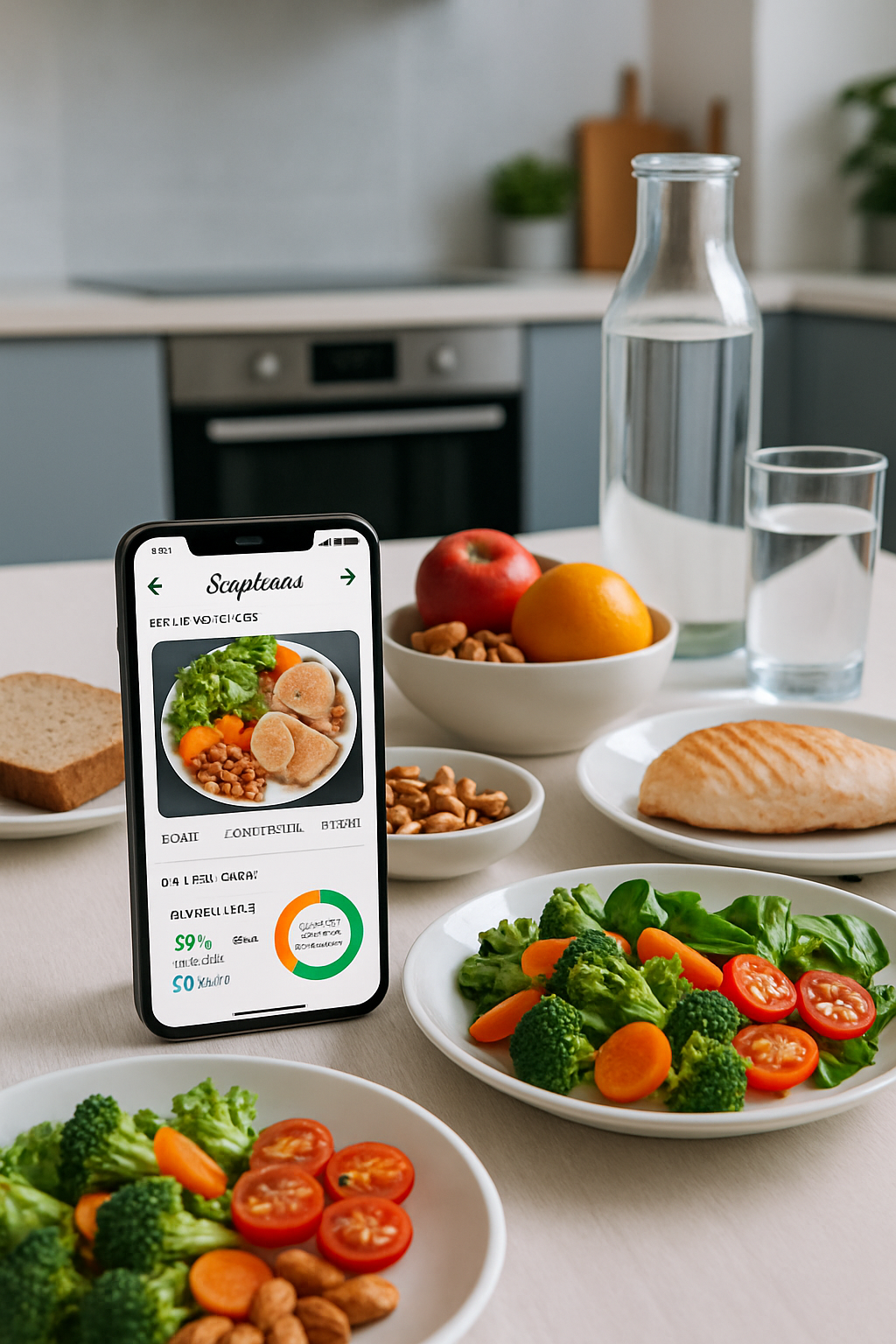 A smartphone displaying the SnapEat AI smart calorie counter app next to a healthy meal, ready for a #seedance2 fitness challenge.