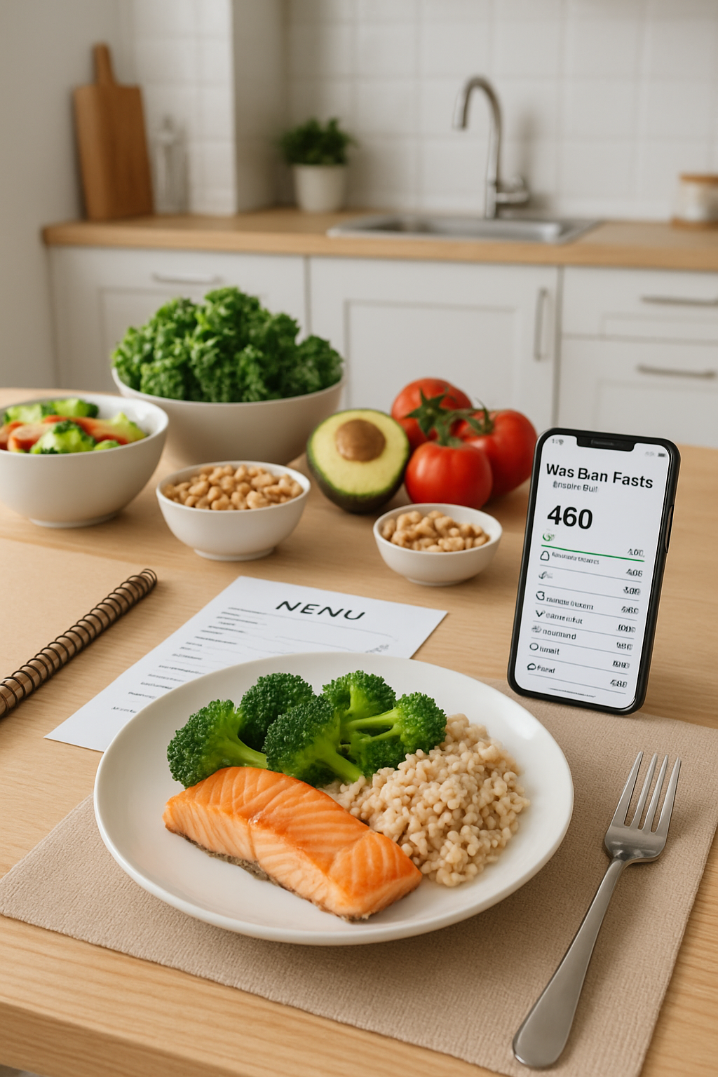 A smartphone showing the SnapEat AI nutrition app interface after analyzing a healthy meal with salmon and vegetables.