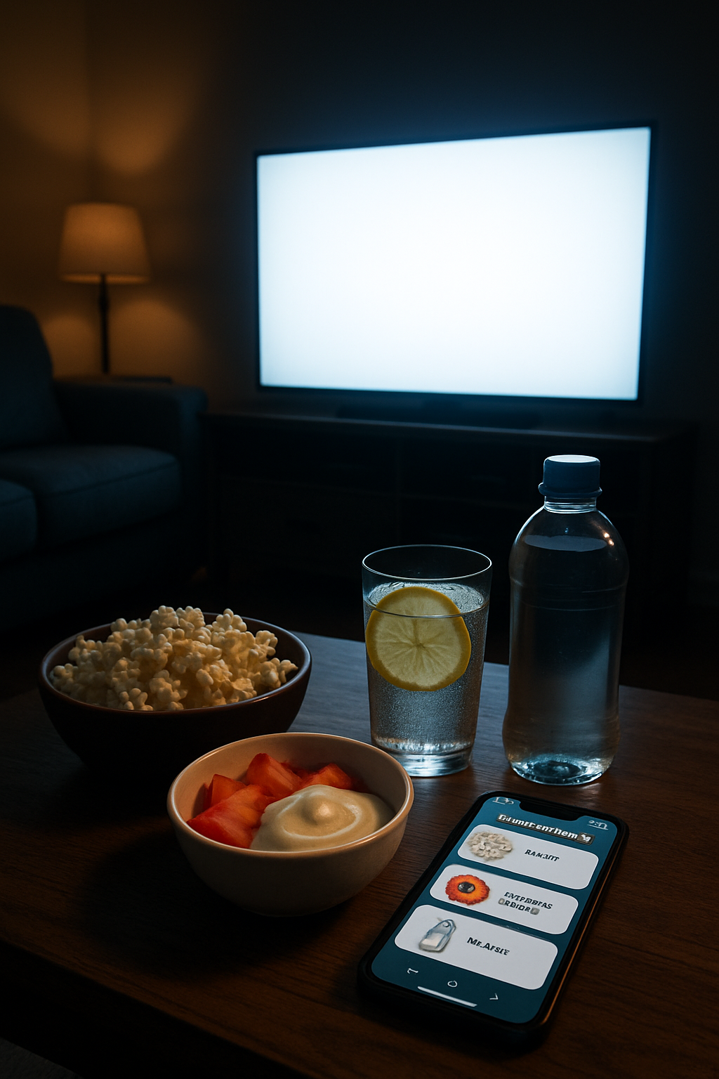A person using the SnapEat AI calorie counter app on their phone to track late night snacks like popcorn while watching a movie.