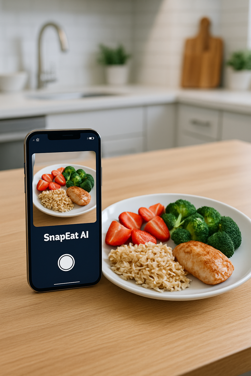 Smartphone displaying SnapEat AI app analyzing a photo of a healthy salad with salmon and vegetables.