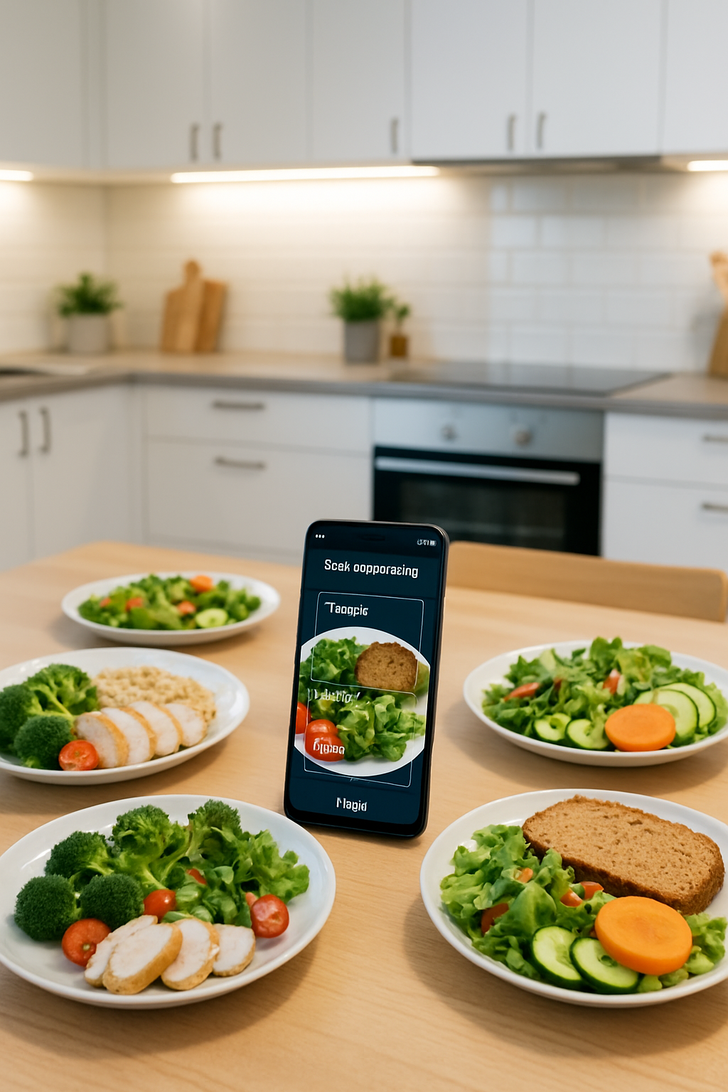 A smartphone showing the SnapEat AI app interface. It displays a photo of a healthy meal next to its automatically calculated calorie and macronutrient breakdown.