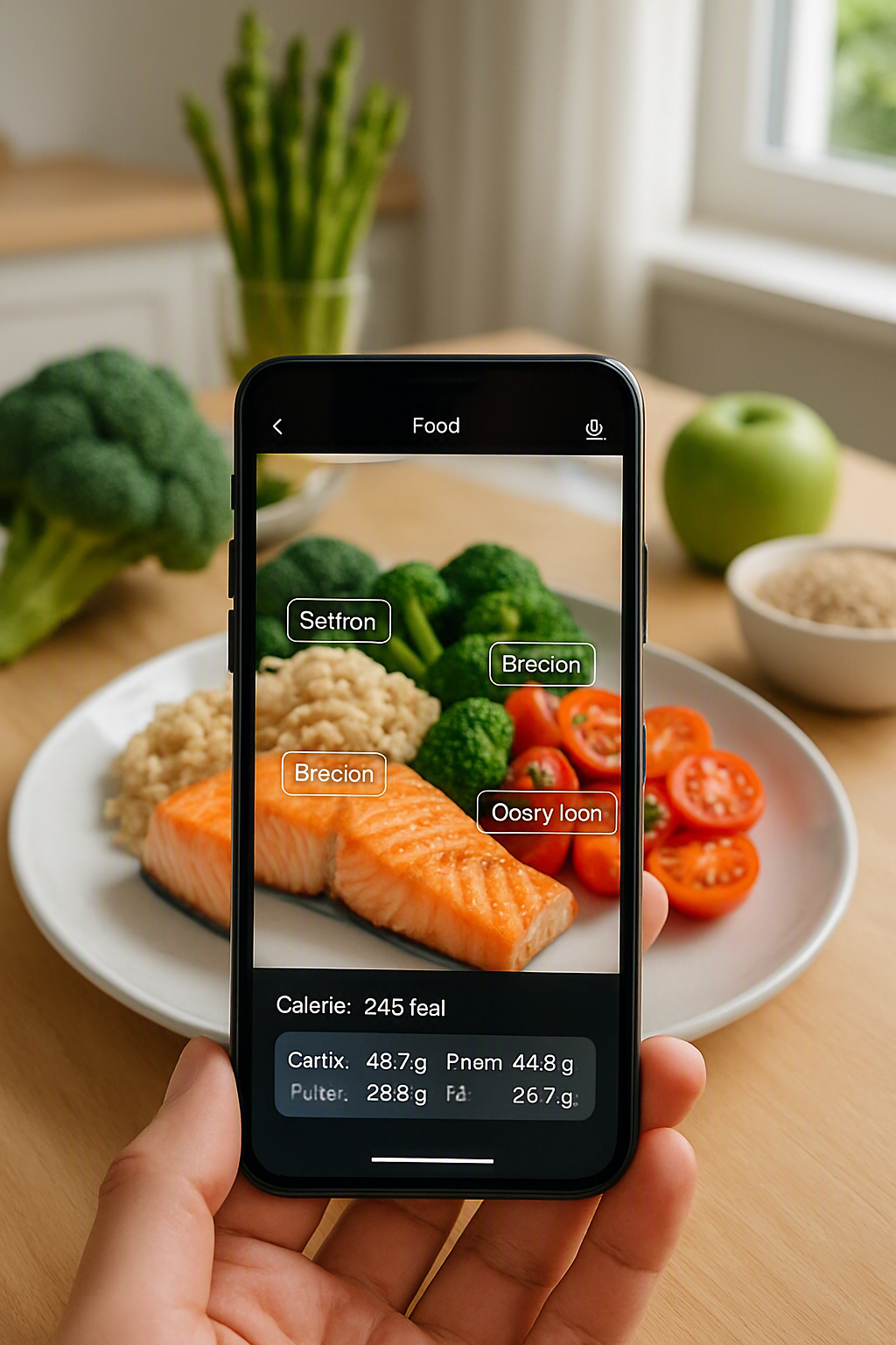 Smartphone displaying SnapEat AI app interface next to classic sun and sky nutrition models