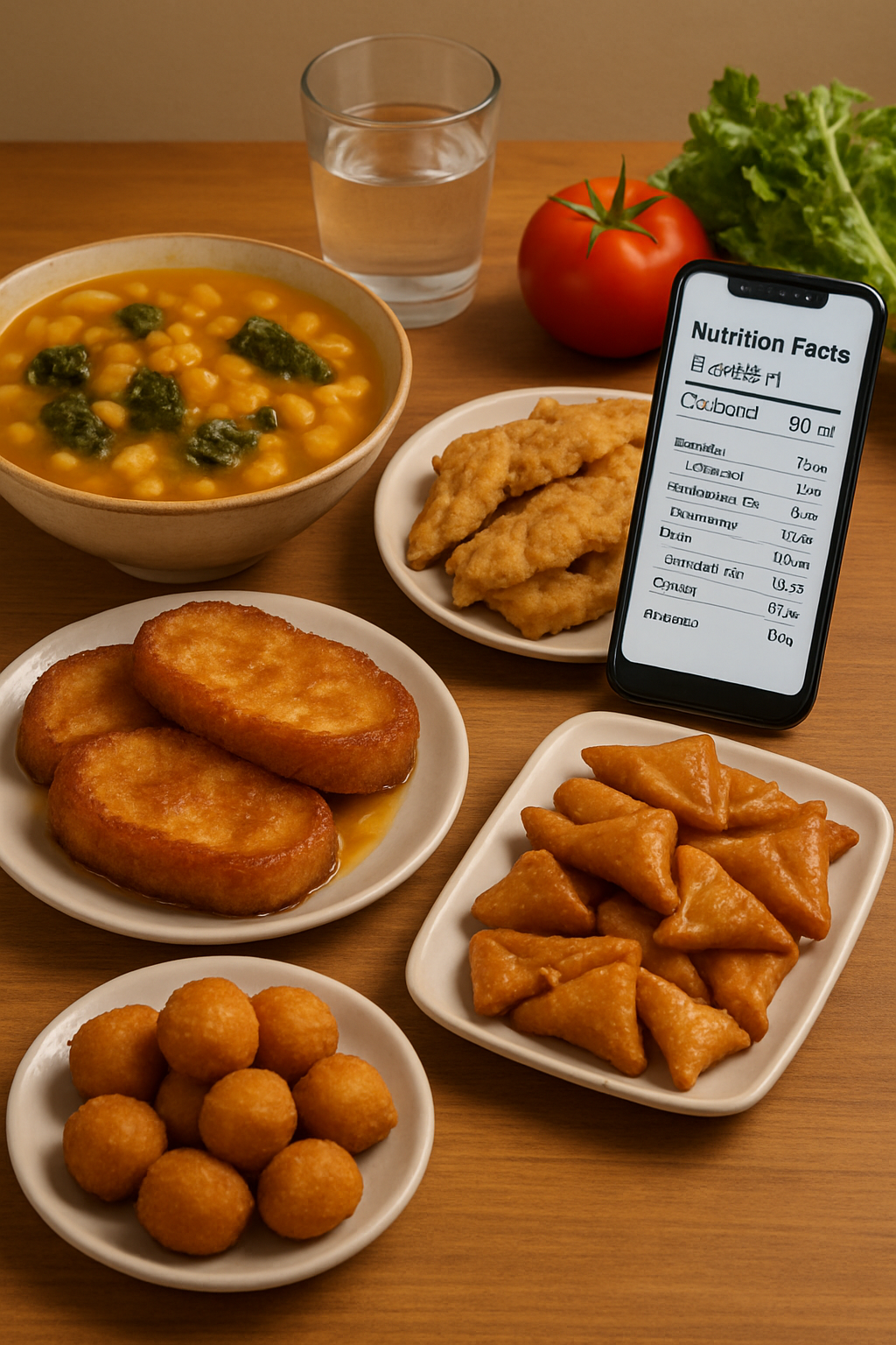 A plate with traditional Semana Santa food like torrijas and potaje de vigilia next to a phone showing the SnapEat AI calorie tracker app.