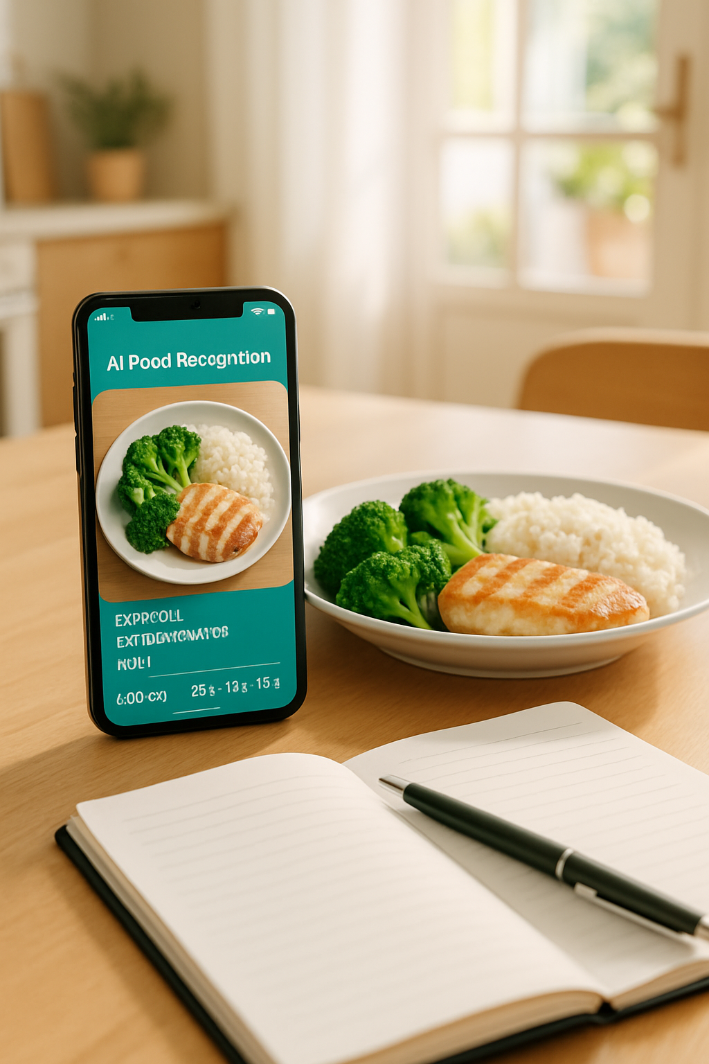 Smartphone showing the SnapEat AI nutrition tracker app analyzing a photo of a healthy meal.
