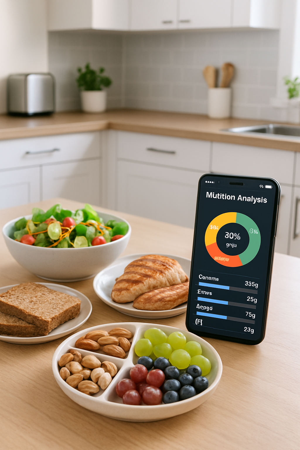 A smartphone displaying the SnapEat AI nutrition tracker app, which has analyzed a healthy meal of salmon and vegetables on a table.
