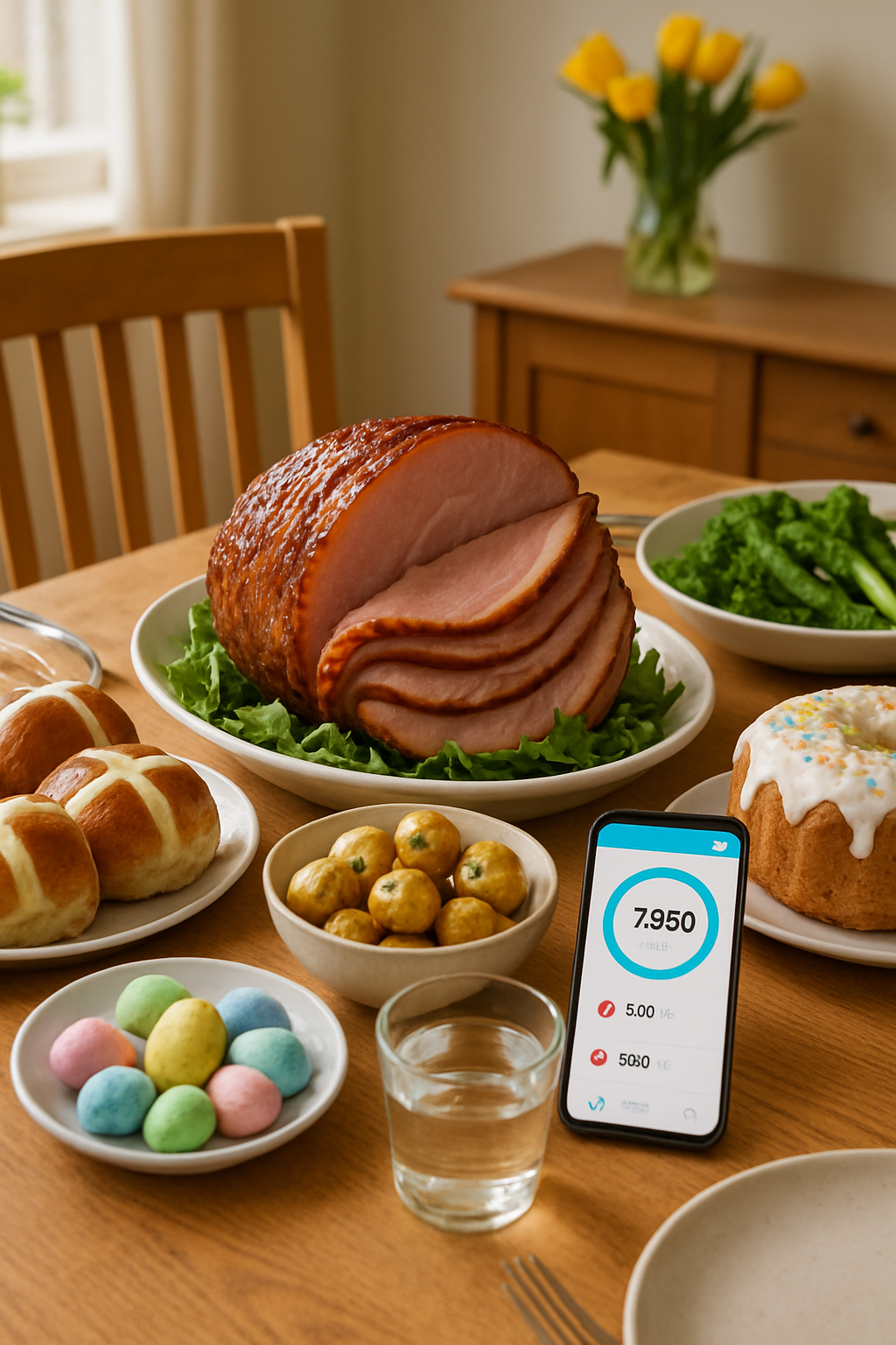 A healthy Easter plate with salmon and vegetables being analyzed by the SnapEat AI nutrition tracker app on a smartphone.