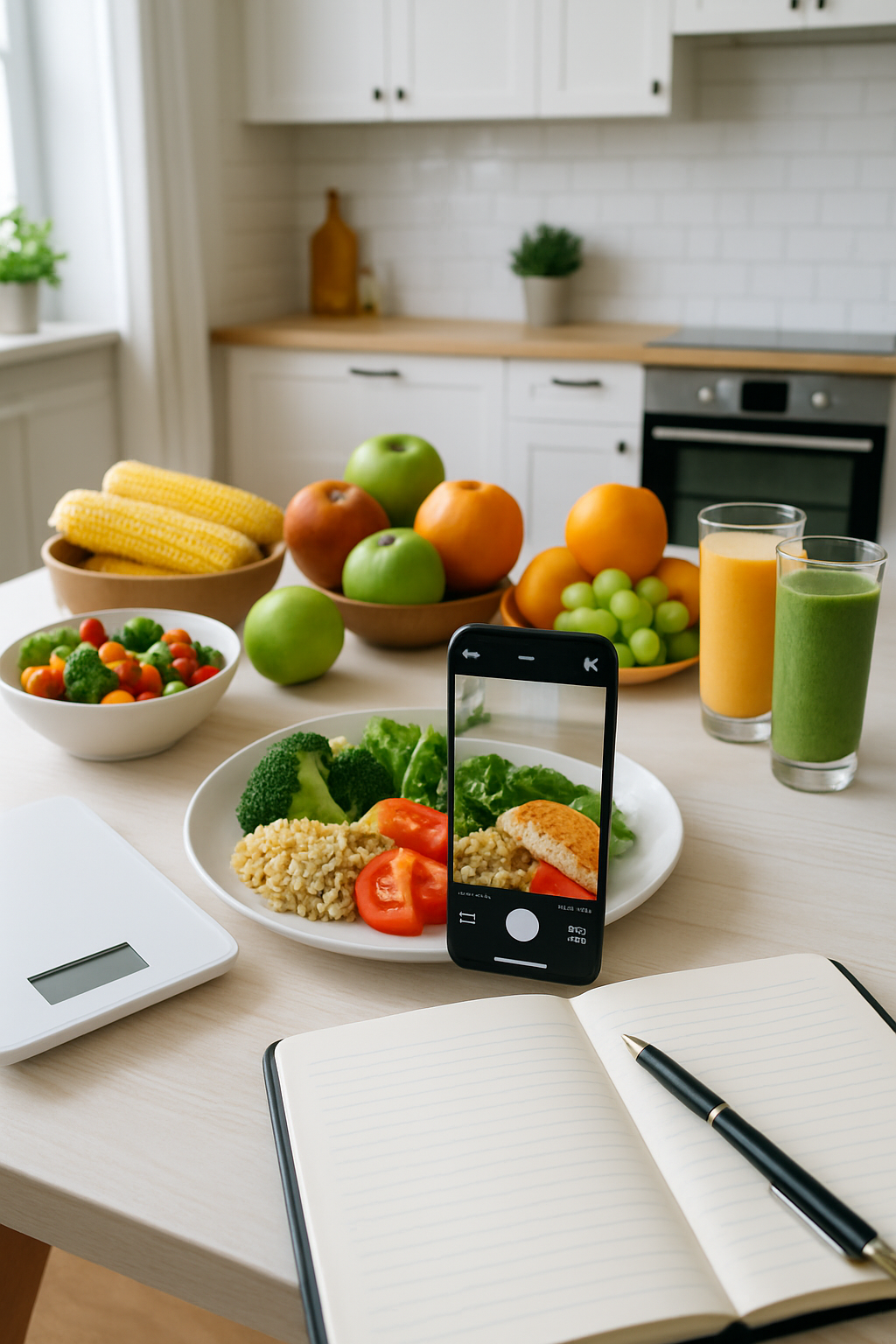 A smartphone running the SnapEat AI app to track a meal, contrasted with the manual process of weighing food.