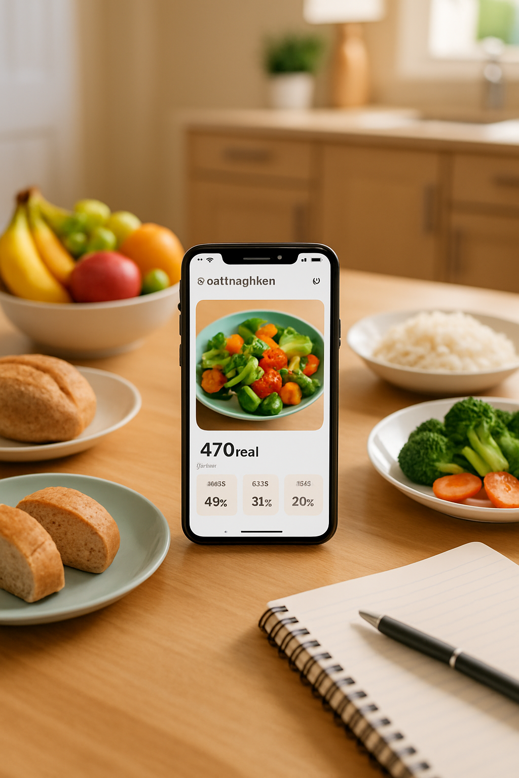 A smartphone showing the SnapEat AI app analyzing a meal, with icons representing autism support and personalized nutrition.