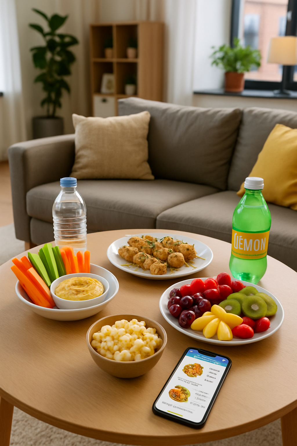 A healthy plate of game day nutrition snacks including chicken skewers and vegetables, next to a smartphone displaying the SnapEat AI nutrition coach app.