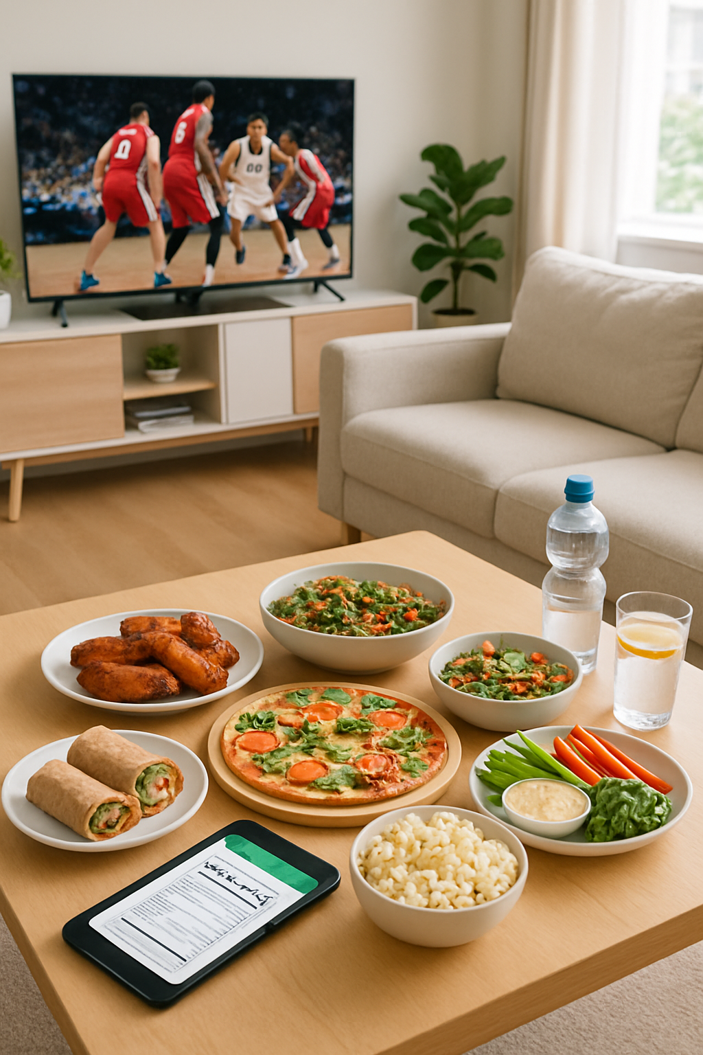 A healthy game day nutrition spread with grilled chicken skewers, vegetables, and dip, with a basketball game on TV in the background.