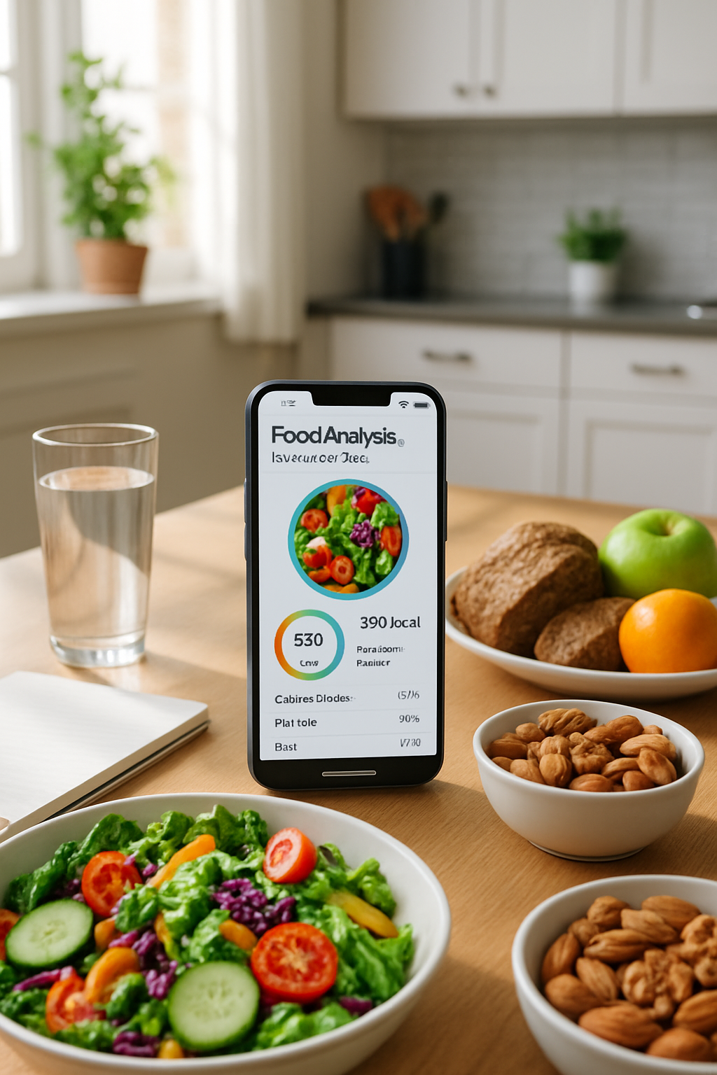 Smartphone showing the SnapEat AI nutrition app analyzing a healthy meal of salmon and vegetables.