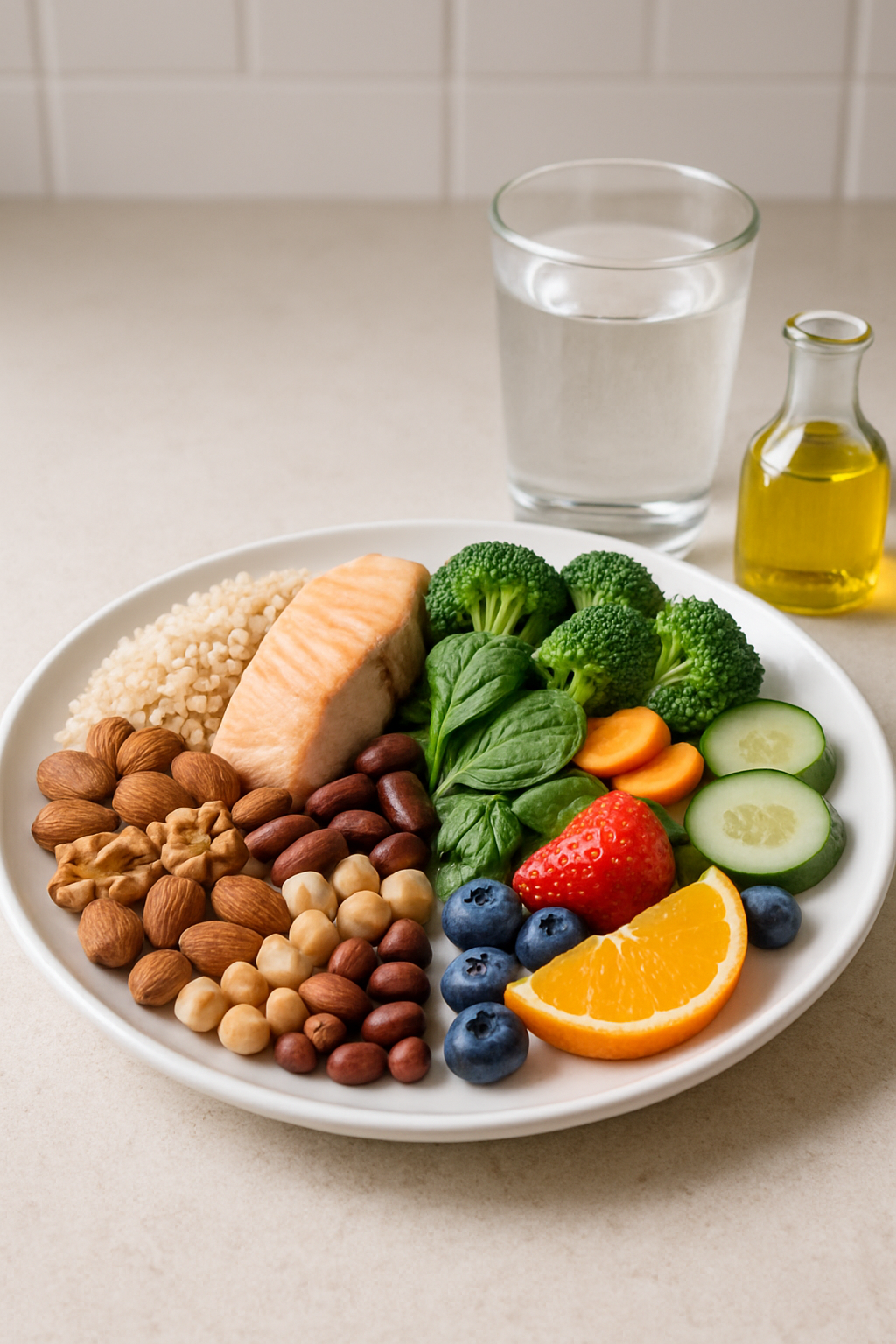 A healthy and colorful salad on a plate next to a smartphone running the SnapEat AI application.