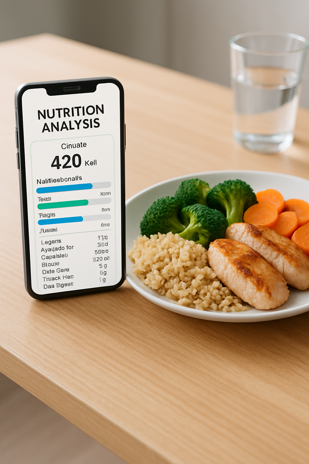 Smartphone screen showing the SnapEat AI smart calorie counter app analyzing a photo of a healthy meal.