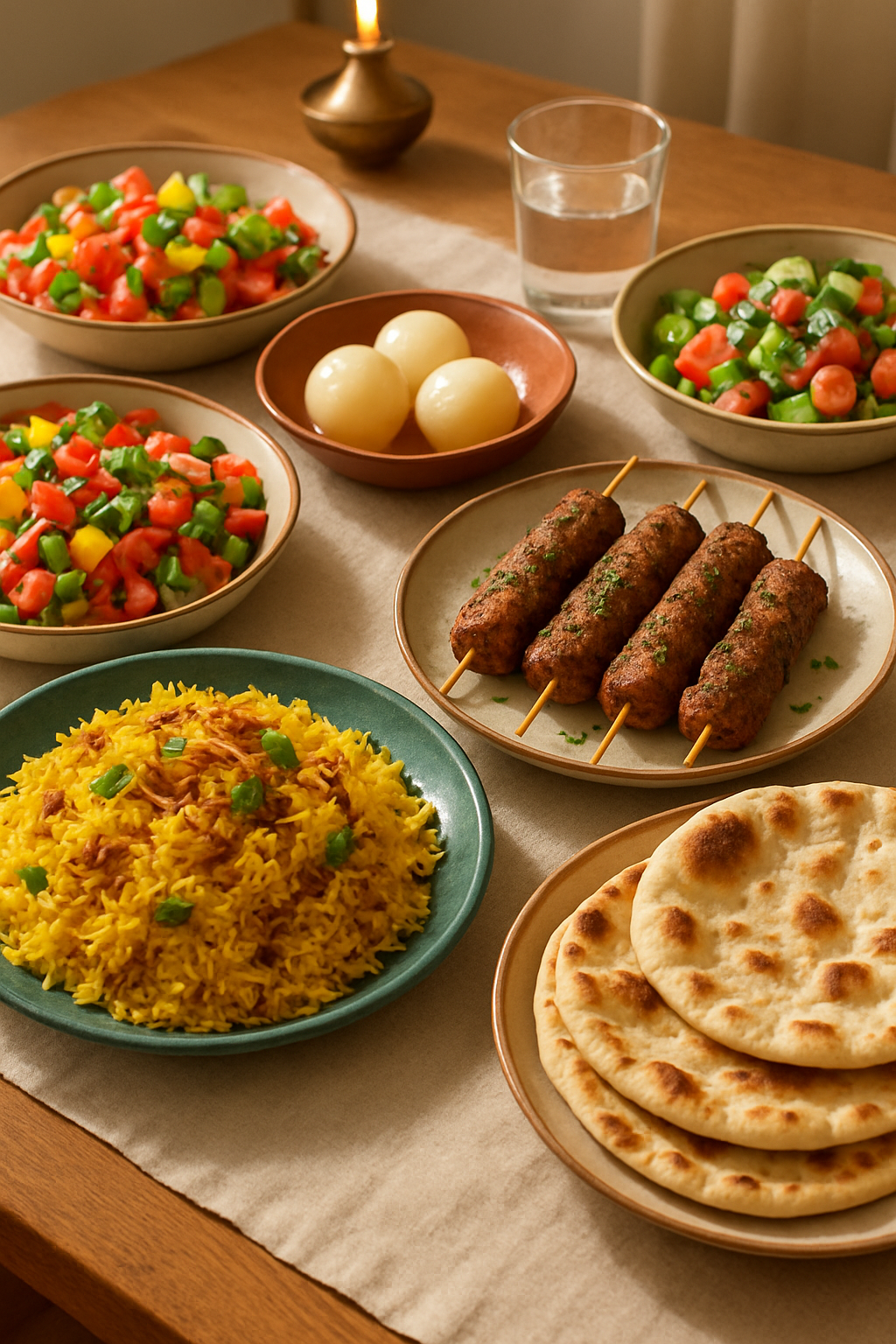 A plate of festive Eid food like biryani and kebabs next to a smartphone showing the SnapEat AI food tracker app.