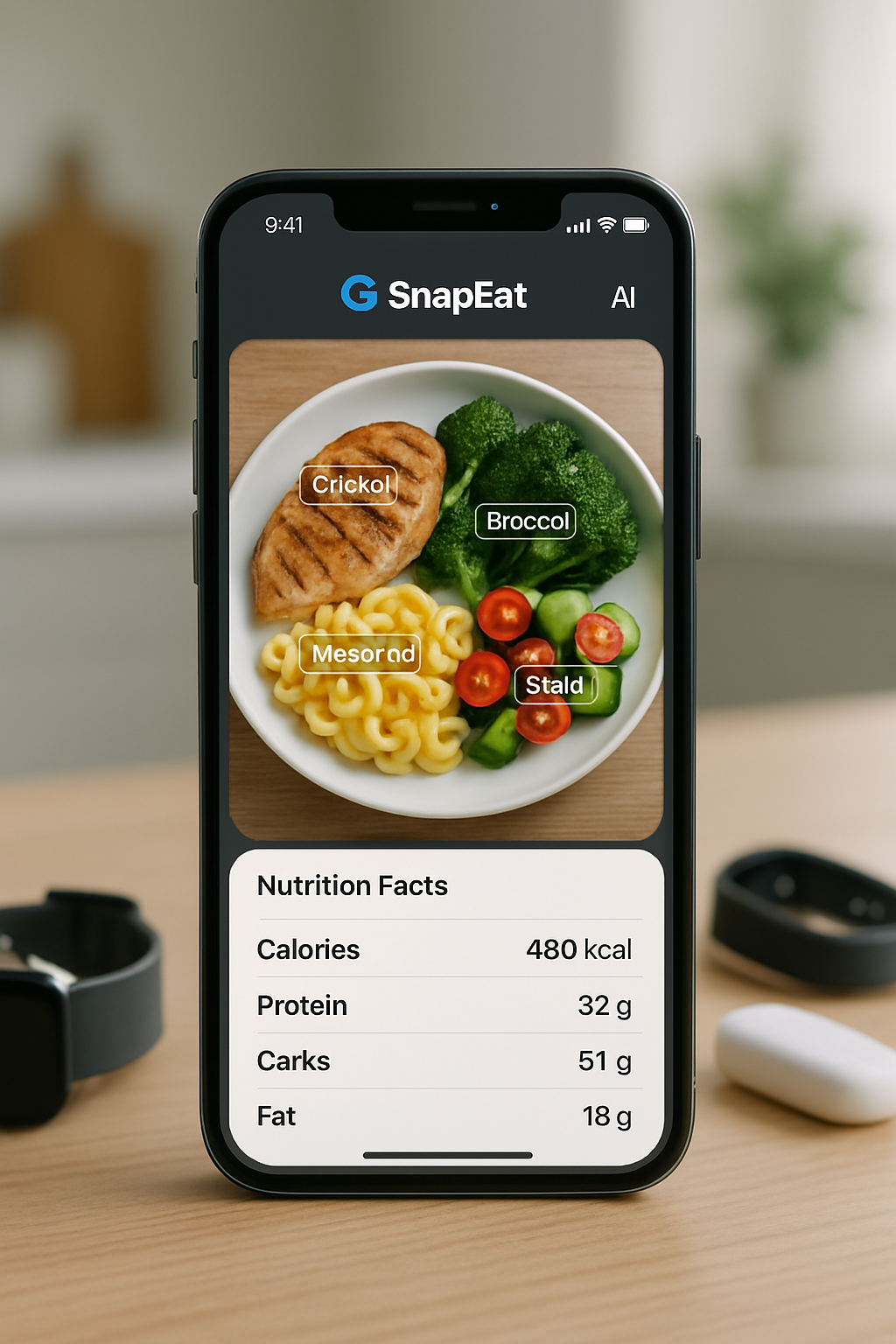 Smartphone showing the SnapEat AI food recognition feature analyzing a healthy meal of salmon and vegetables.