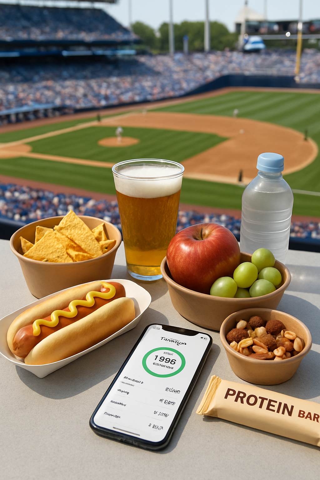 A man at a baseball game choosing a healthy salad over a hotdog, illustrating a smart game day nutrition choice with the SnapEat AI app logo.