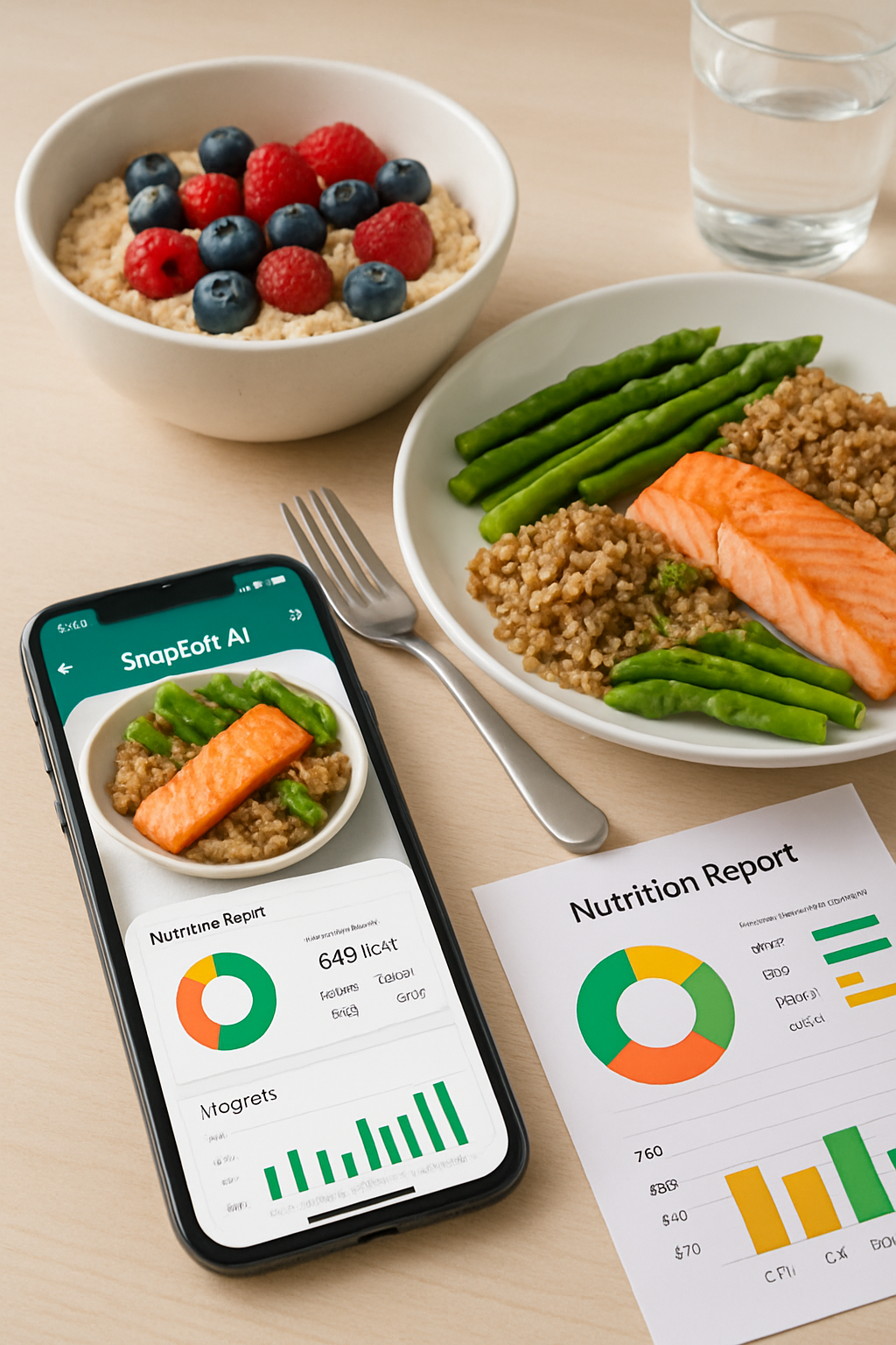 A phone displaying the SnapEat AI app, a smart calorie counter that uses a photo to provide a nutritional analysis of a meal.