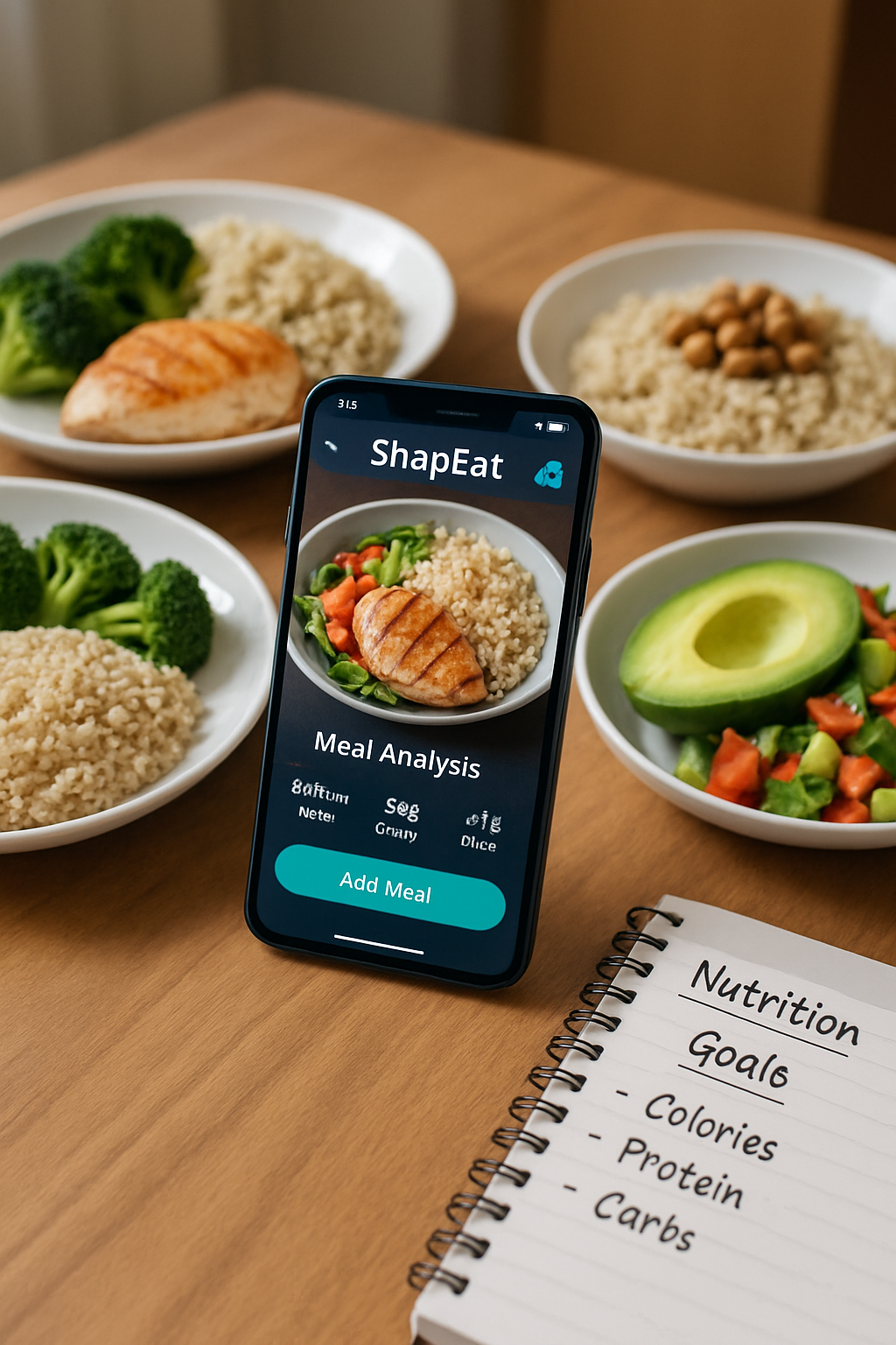 Smartphone showing the SnapEat AI app analyzing a meal of salmon and vegetables, with athlete Willie Colon in a motivational pose in the background.