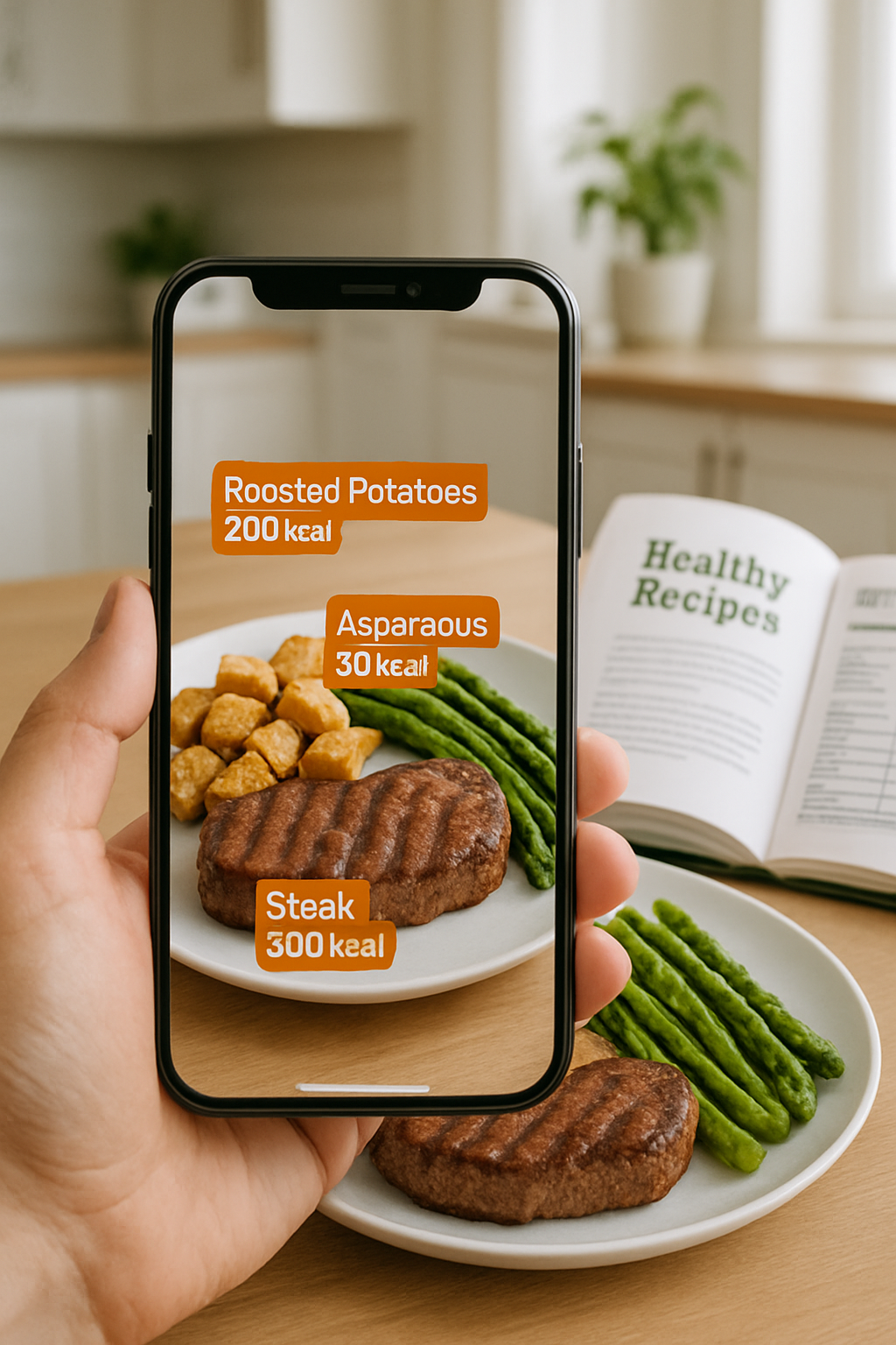 A smartphone running the SnapEat AI nutrition tracking app, which is analyzing a photo of a healthy meal of salmon, asparagus, and potatoes.