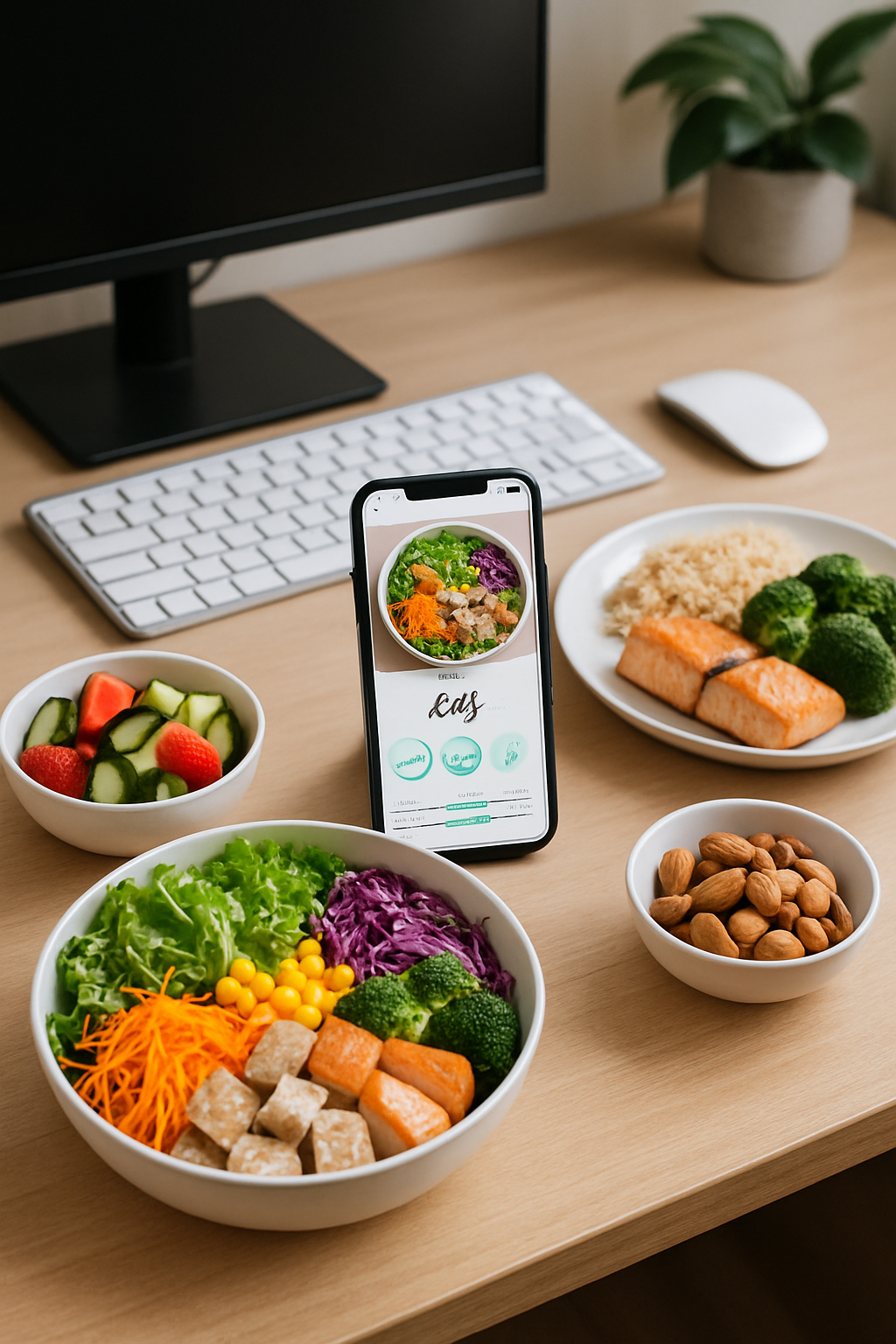A smartphone showing the SnapEat AI smart calorie counter app analyzing a photo of a healthy meal on a desk next to a keyboard.