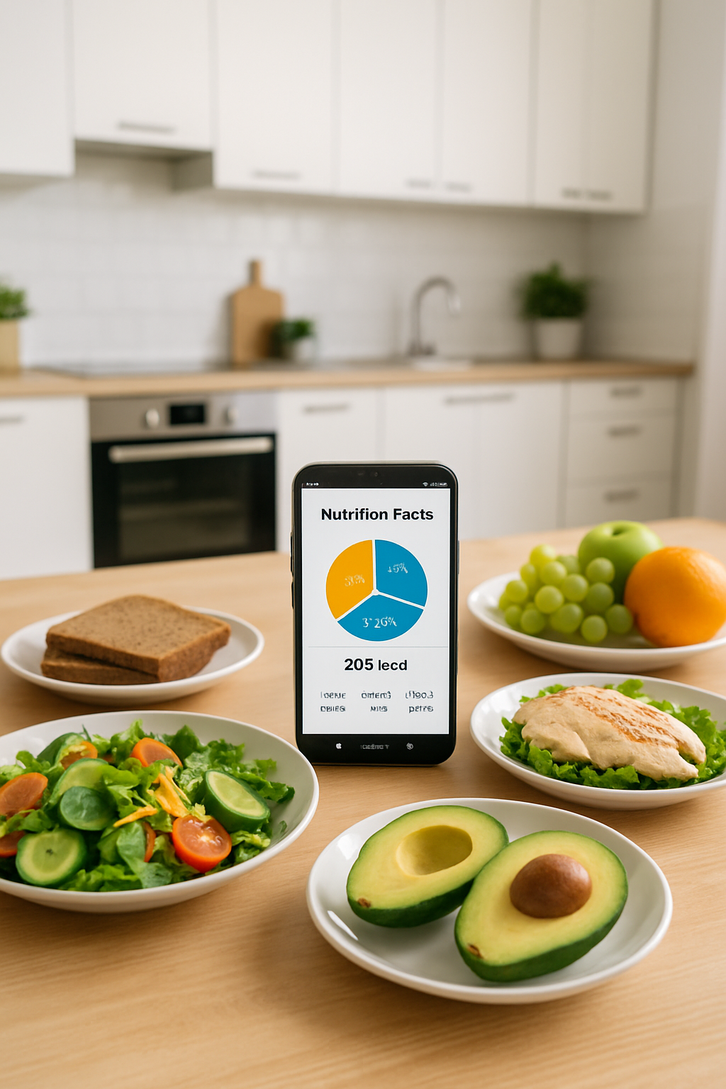 Smartphone showing the SnapEat AI nutrition tracker app interface with a photo of a healthy meal being analyzed for calories and macros.