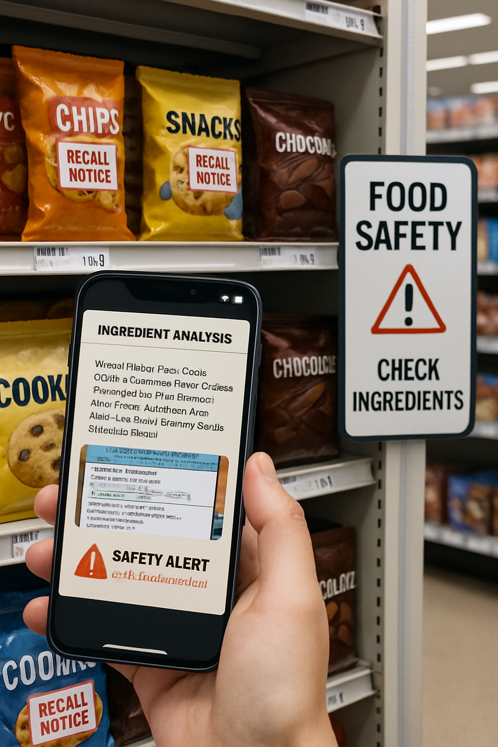 A smartphone using the SnapEat AI food safety app to scan the ingredients label of a snack bar.