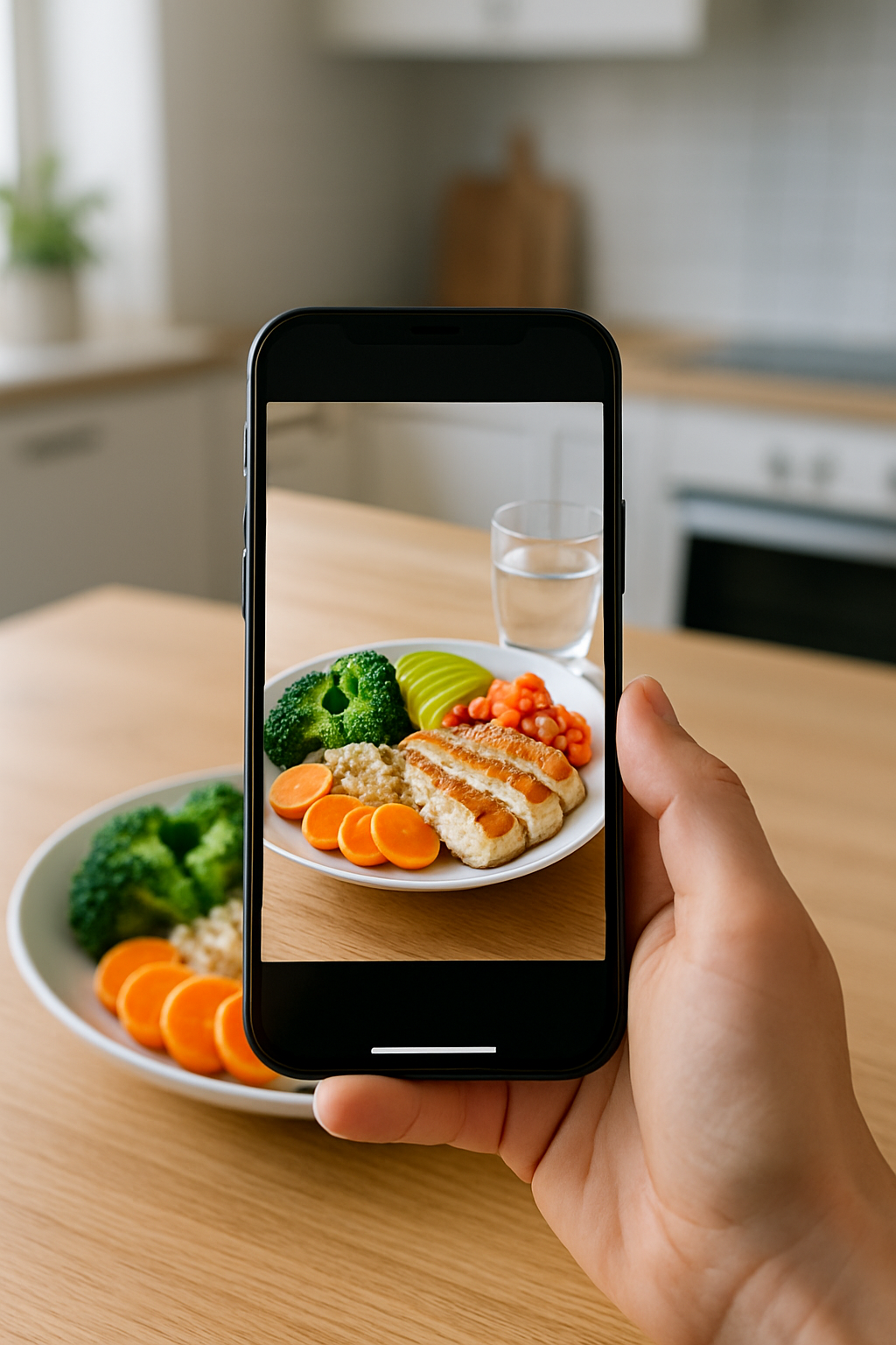 A smartphone displaying the SnapEat AI app analyzing a photo of a healthy meal, with Nagita Slavina's image in the background.