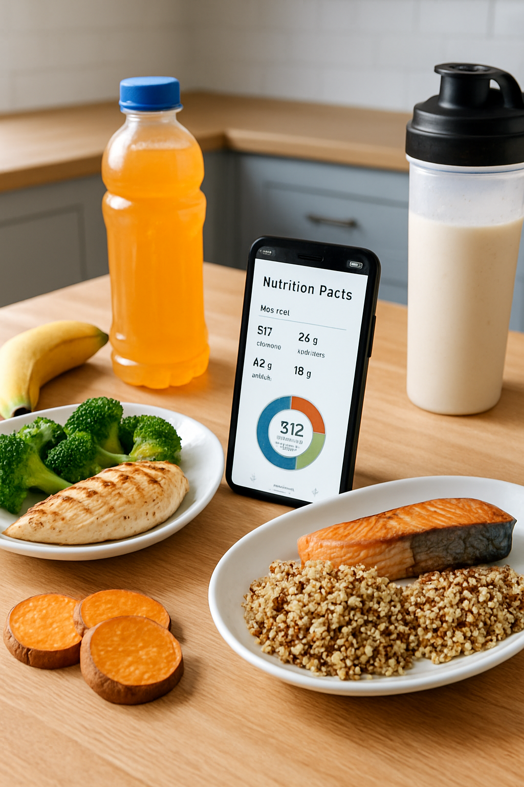 A smartphone featuring the SnapEat AI meal tracker app, scanning a plate of nutritious, athlete-centric food like grilled chicken and sweet potato.