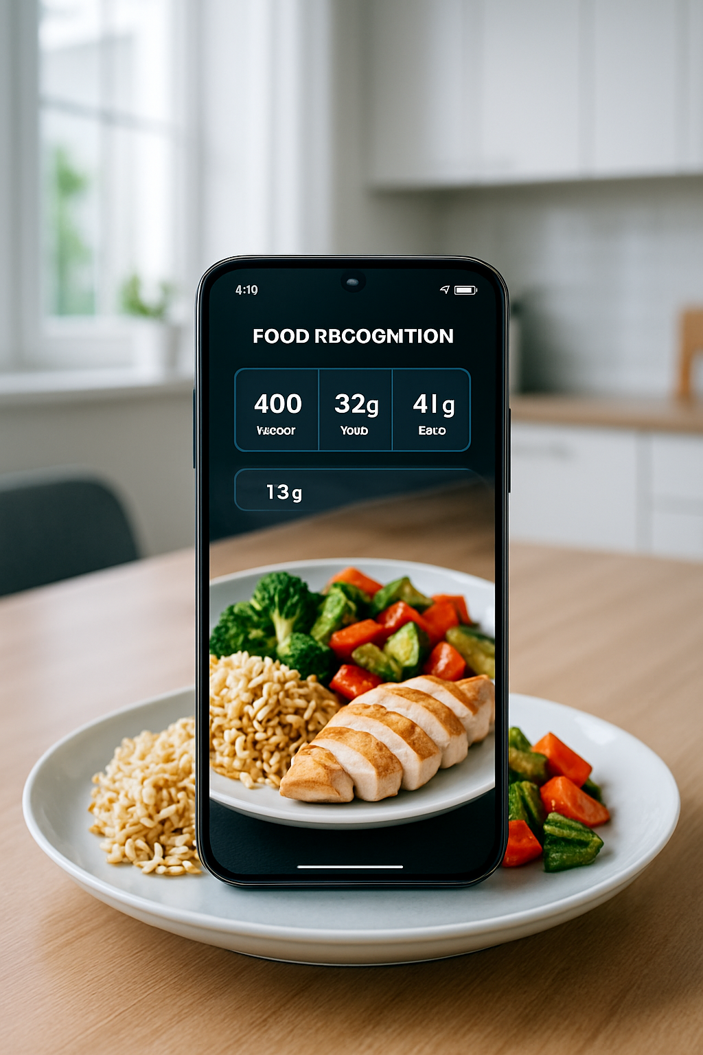 User holding a smartphone with the SnapEat AI app interface, analyzing a picture of a healthy meal to demonstrate smart food tracking.