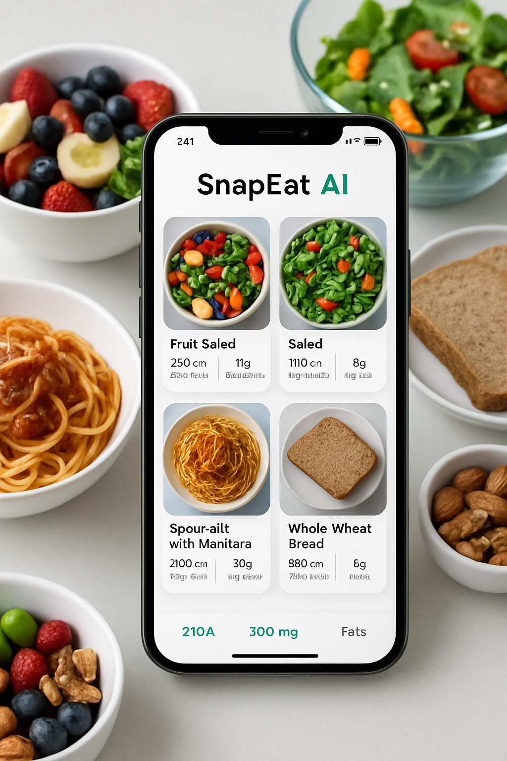 A smartphone running EasyFoodLog AI, showing meal breakdown and nutrition after a food photo.