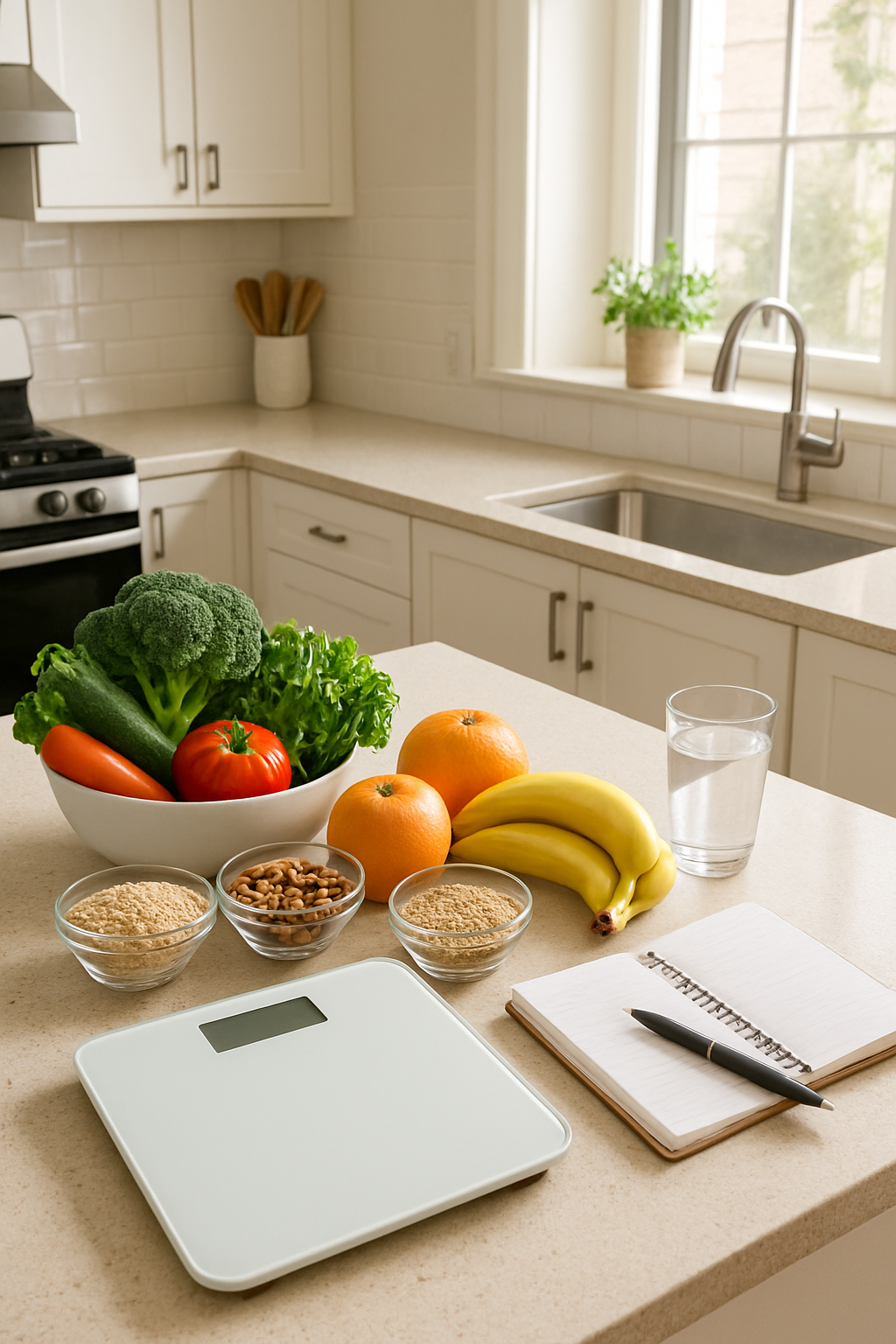 A collection of healthy foods like fruits and vegetables surrounding a smartphone displaying the SnapEat AI app interface for weight loss tracking.