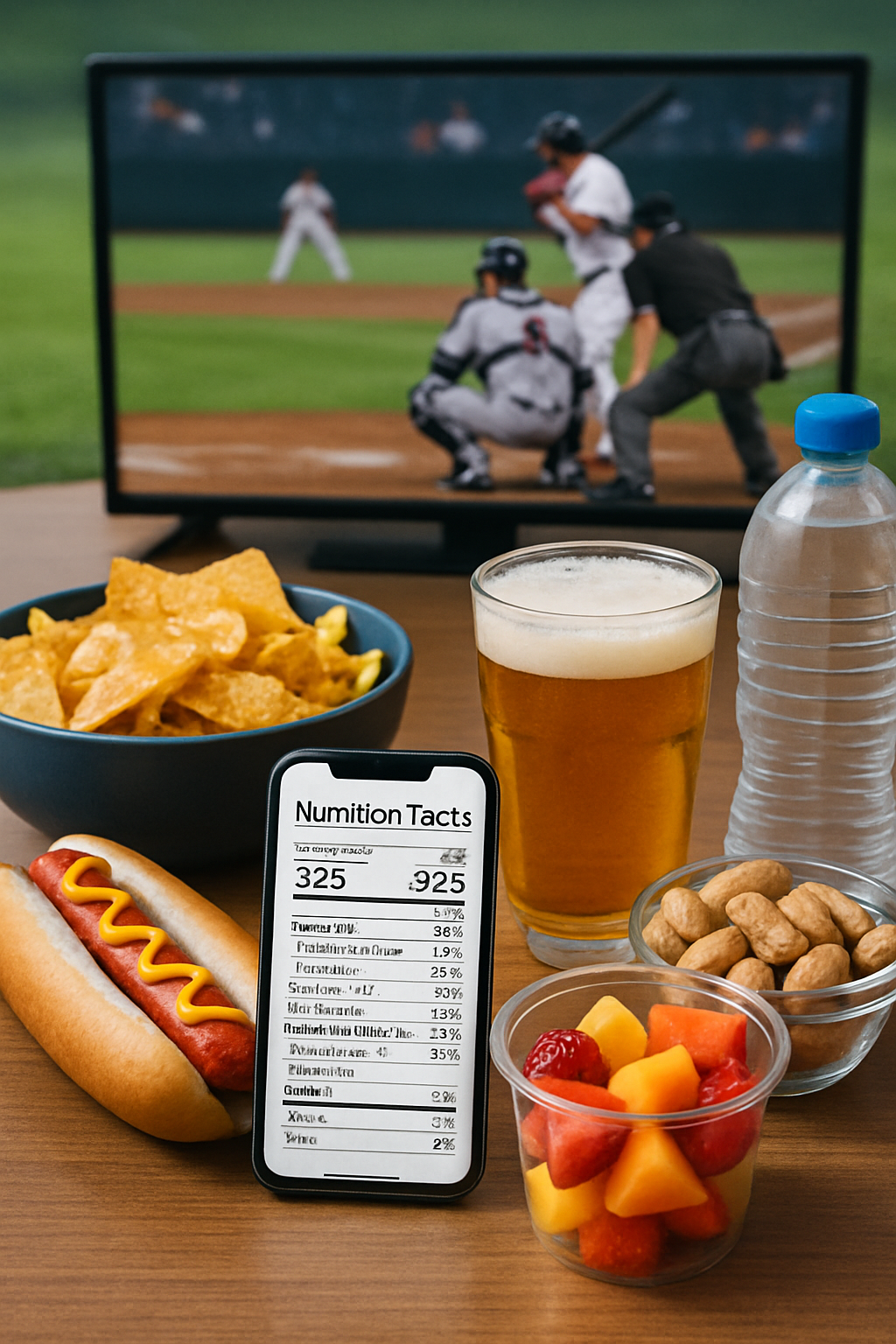 A baseball fan at a Braves vs Nationals game about to eat a hot dog, thinking about game day nutrition choices.