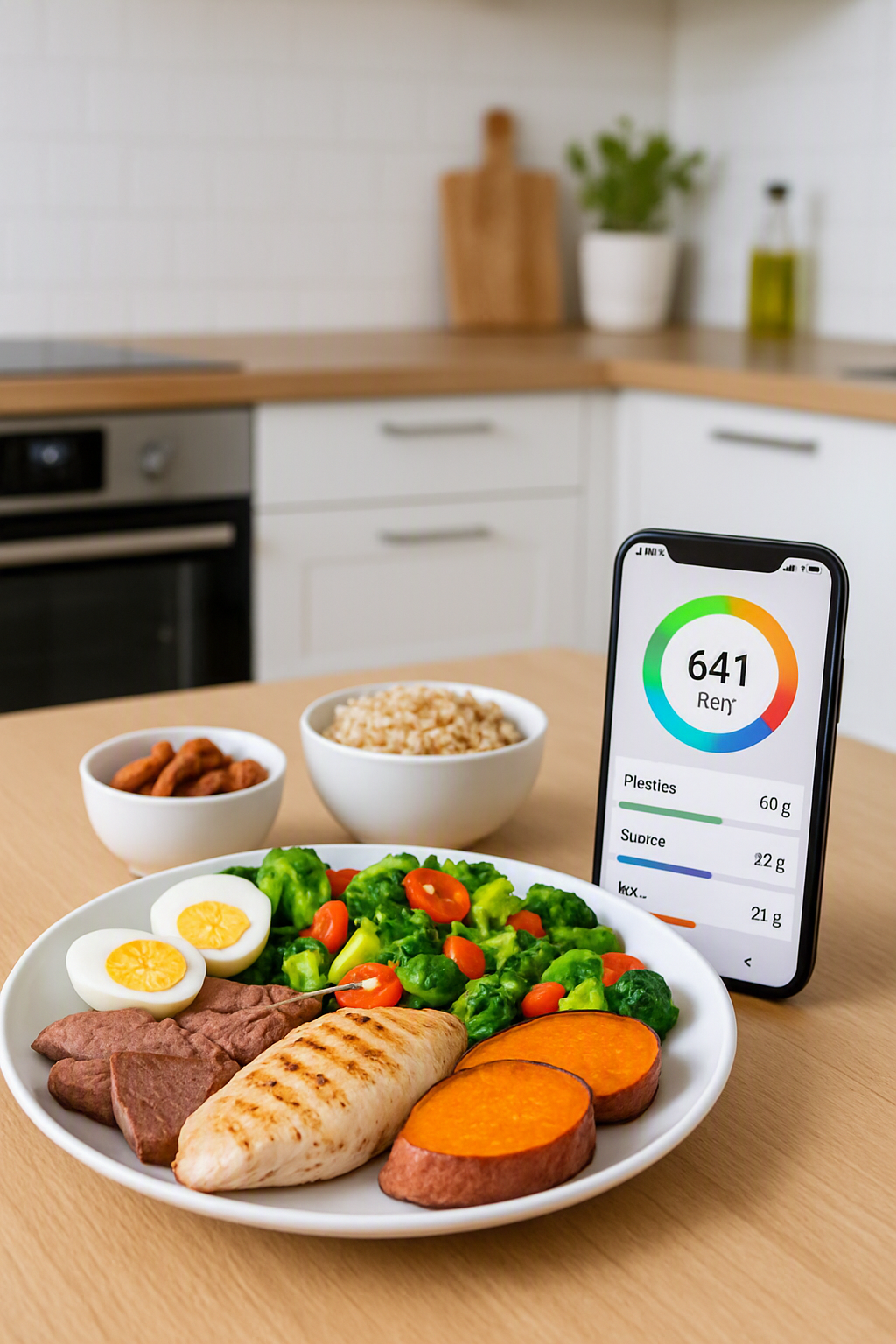 Athlete checks the SnapEat AI nutrition tracker app on their phone after snapping a photo of their high-protein meal.