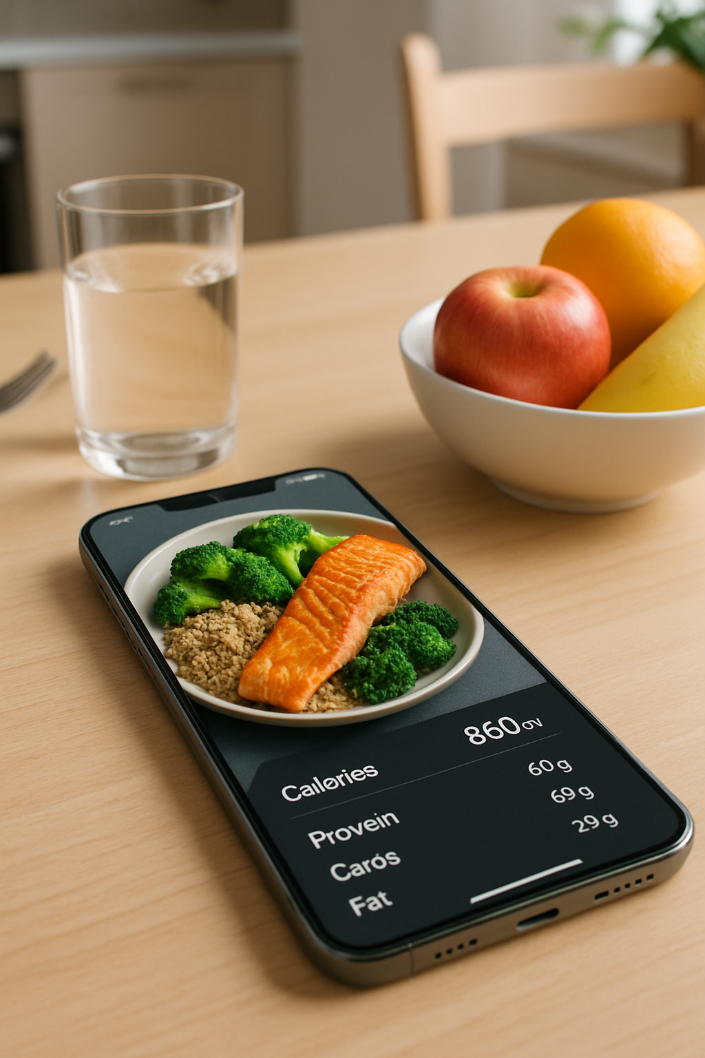 A smartphone showing the SnapEat AI app interface, using the camera for AI nutrition tracking of a healthy meal on a plate.