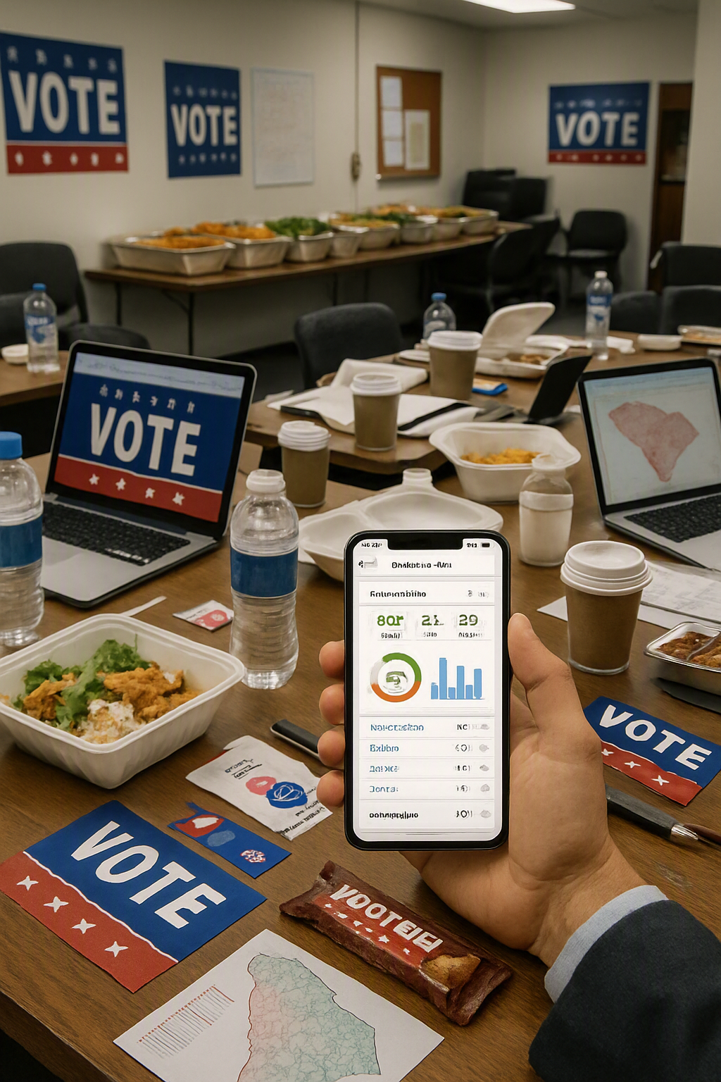 Smartphone displaying the SnapEat AI app analyzing a meal during a busy political campaign.