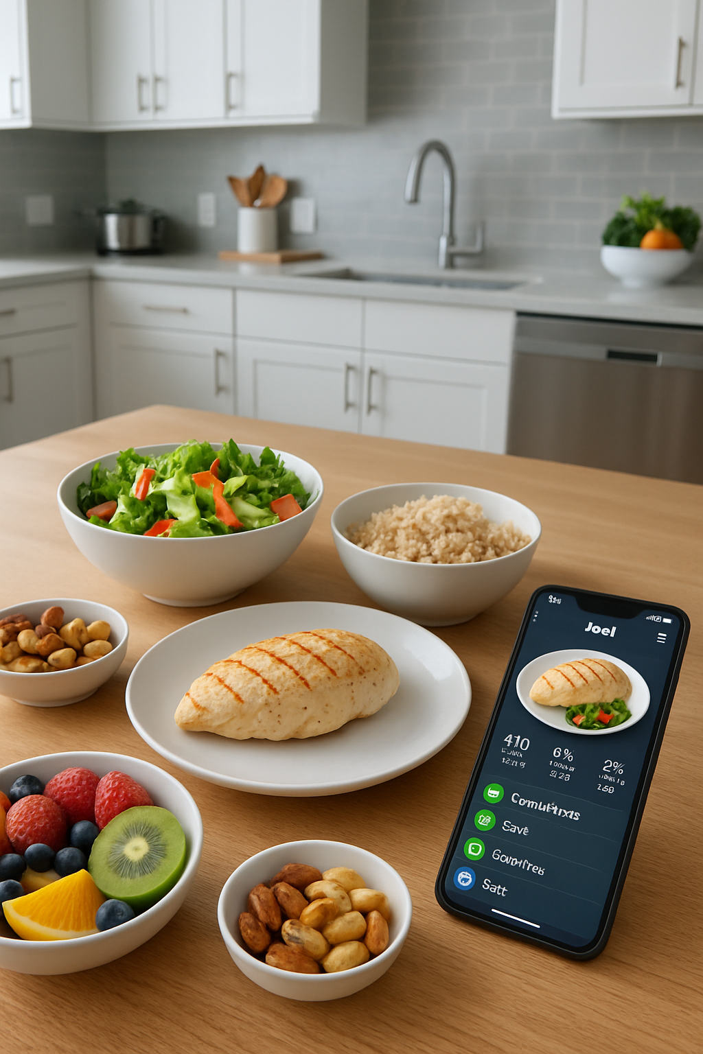 A smartphone screen with SnapEat AI app, showing a meal photo and its nutritional details, highlighting smart calorie coach features.