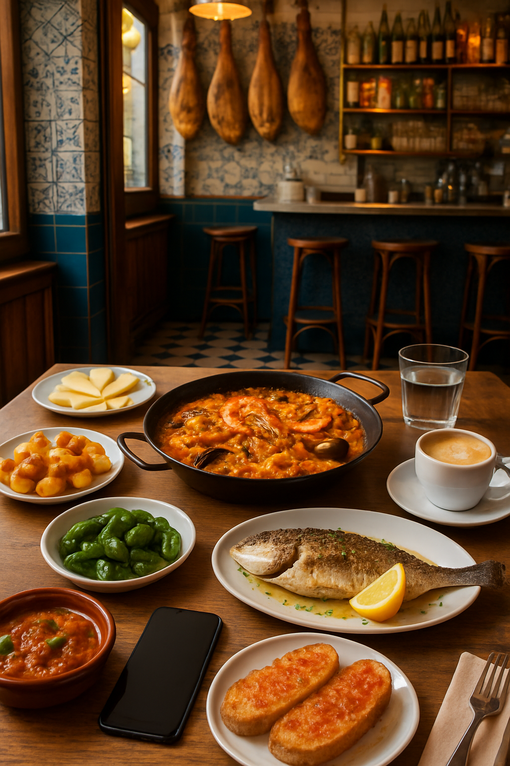 A person using the SnapEat AI food tracker app to log a plate of paella in a restaurant in Barcelona.