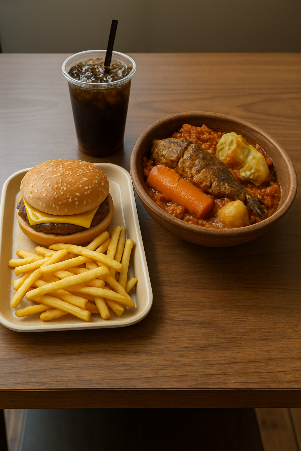 A split plate comparing a processed American cheeseburger meal to a whole-food Senegalese fish and vegetable dish.