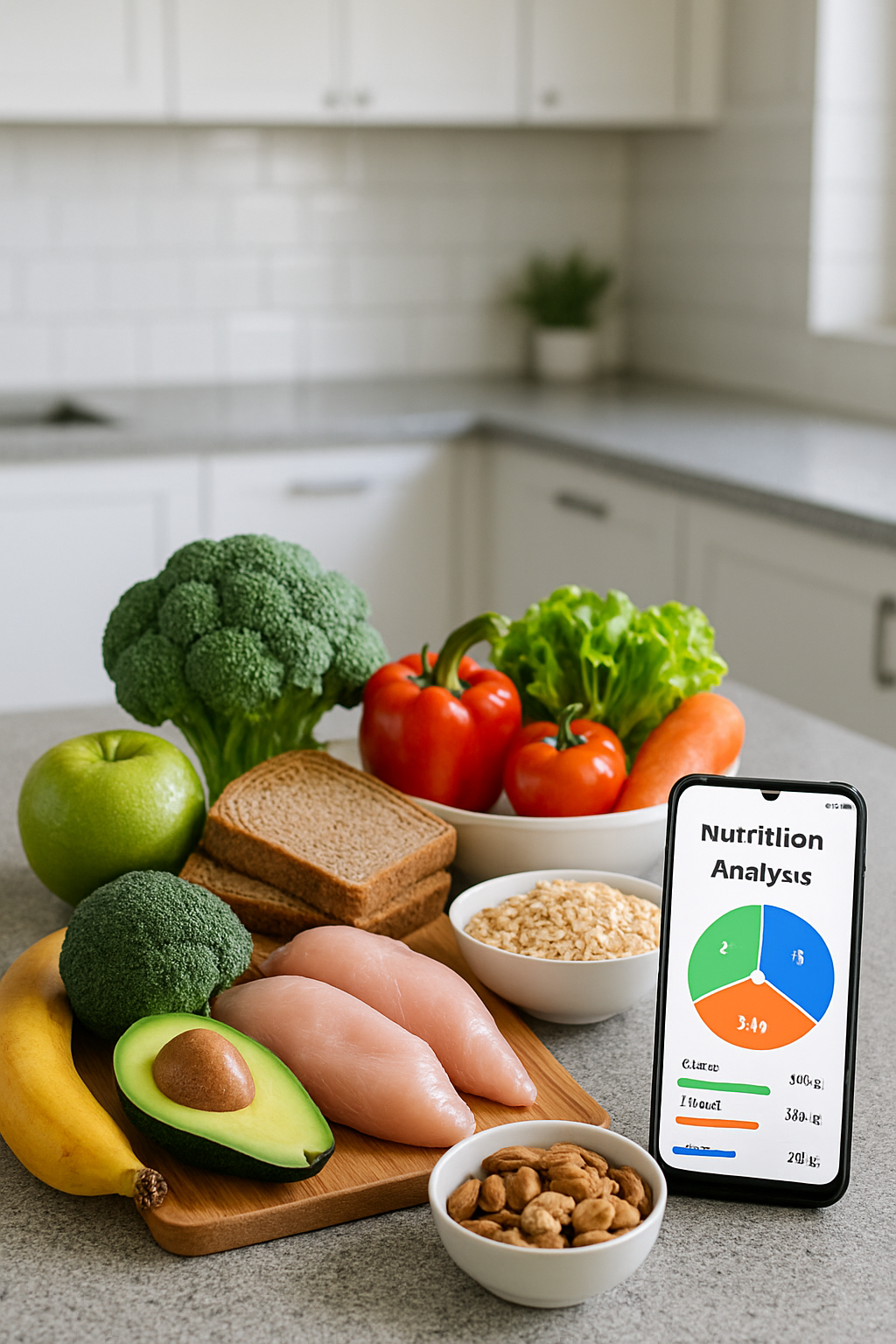 A smartphone running the SnapEat AI app, analyzing a healthy meal photo for nutrition details.