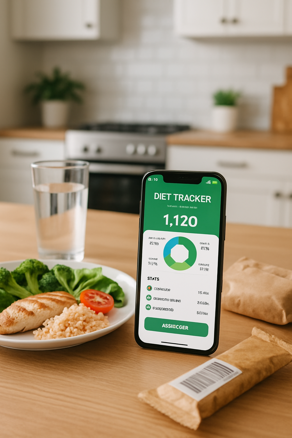 A smartphone showing the SnapEat AI meal tracker app analyzing a photo of a healthy meal to track calories and macros.
