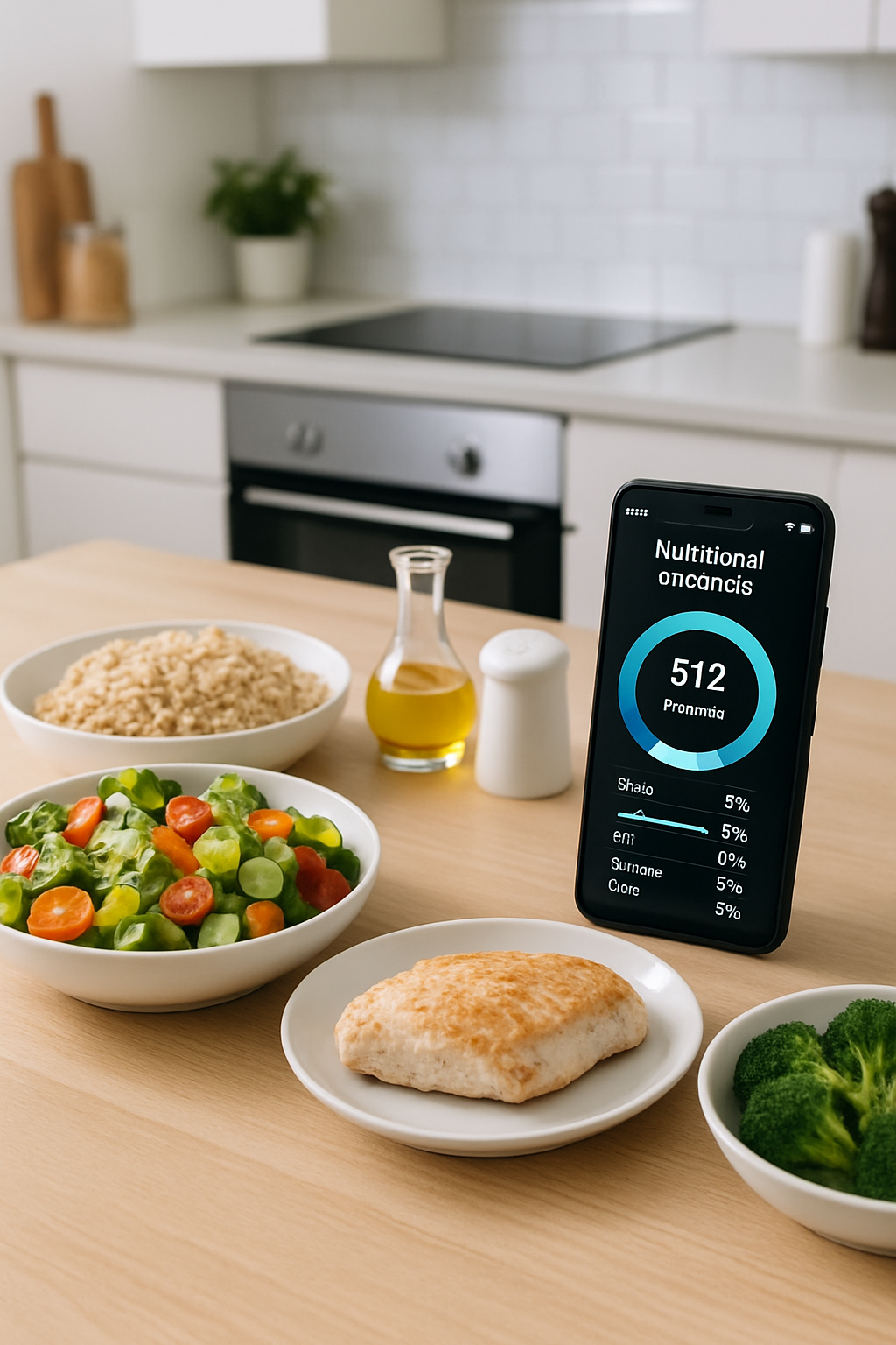 Smartphone showing the SnapEat AI meal tracker app with a detailed nutrition analysis of a healthy meal.